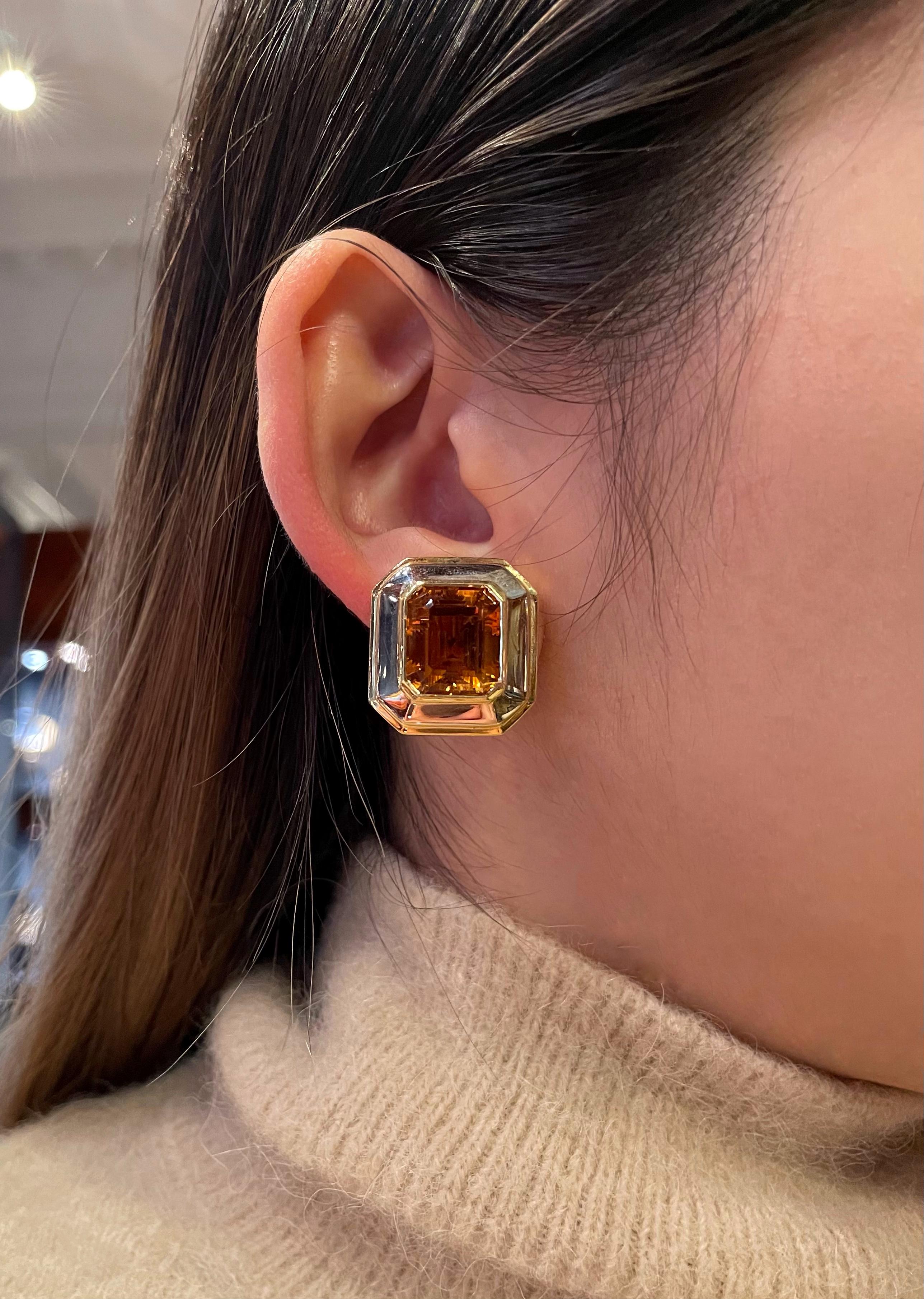 Women's Geometrical 18k White and Yellow Gold Citrine Ear-Clips For Sale