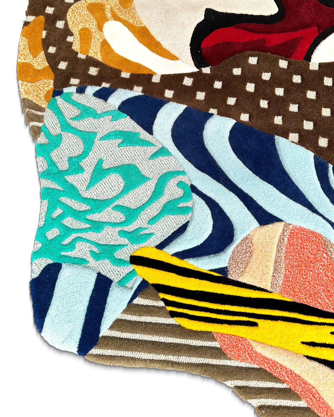 A personalized, spunky, and eclectic rug, resembling a collage of every decorative item in the room, exhibits an abstract pattern infused with geometric elements.
The organic, circular shape takes into consideration the preexisting chair placement,
