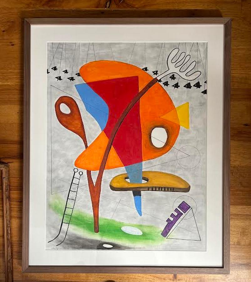 A Geometric Abstraction gouache on paper by Christopher Mark Brennan. 
This piece is very enjoyable to observe. The layers upon layers of shapes and playful colors, present us with a beautiful composition and allow us to let our imagination take