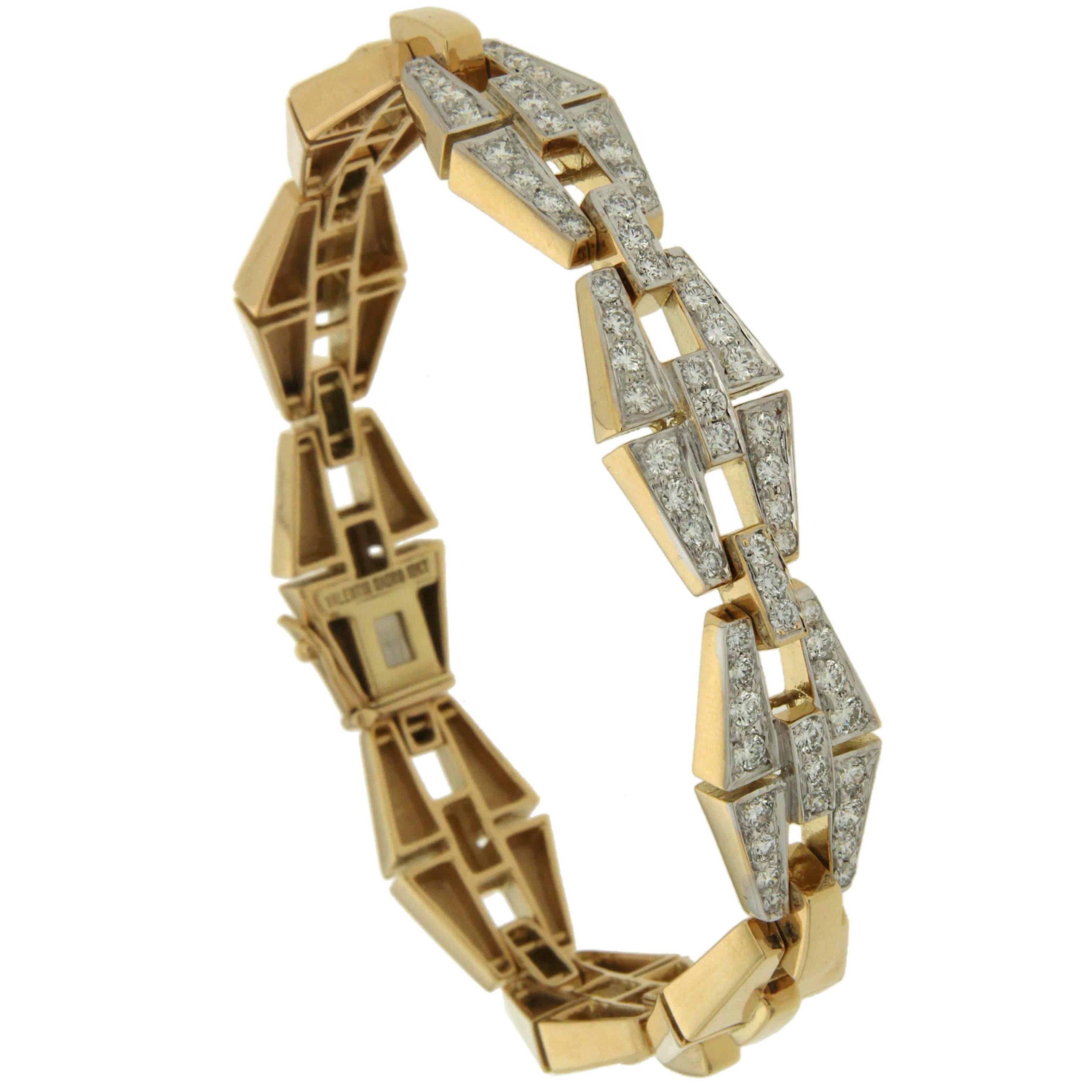 Geometrical Baguette Bracelet with Three Diamond Pave Sections