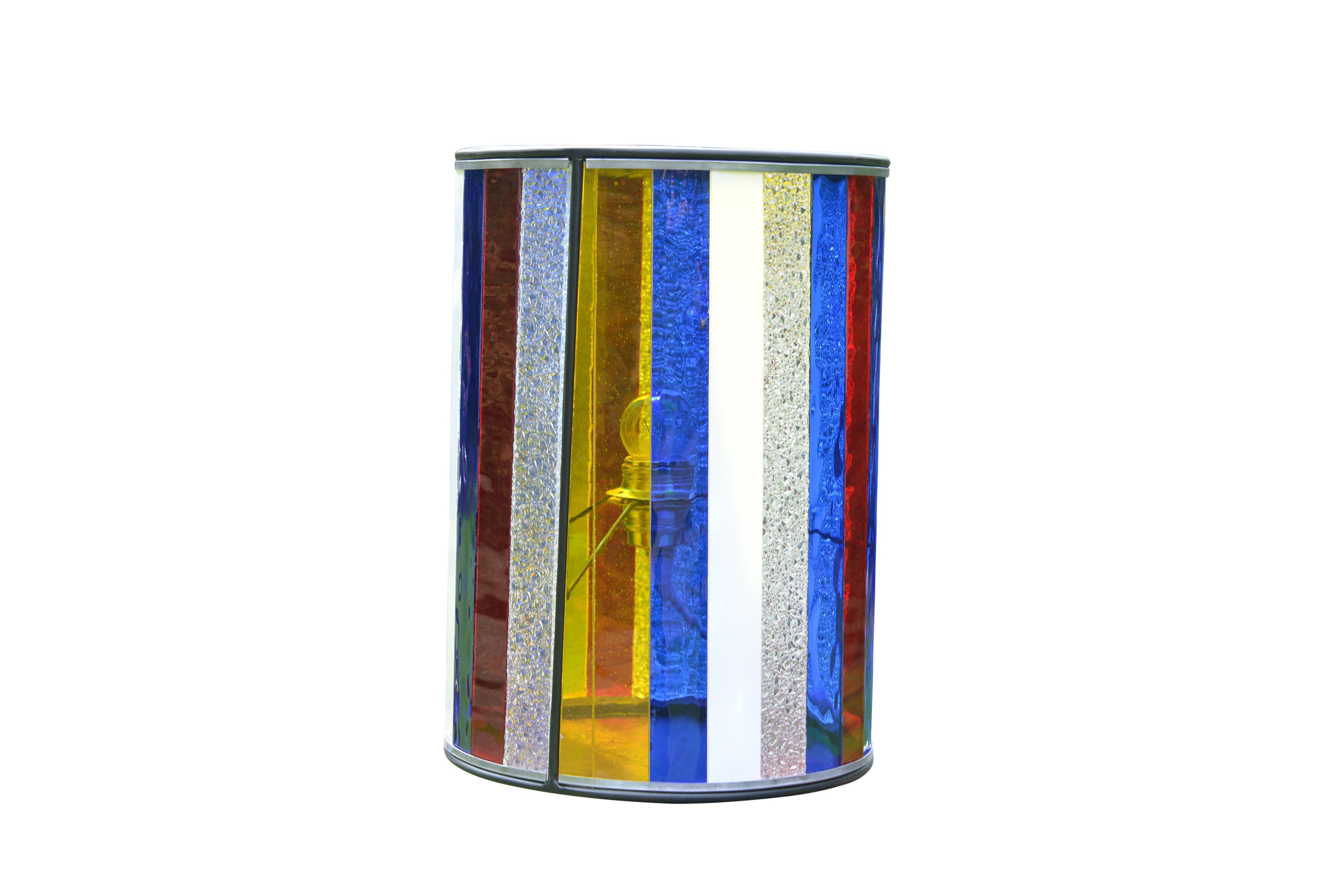 Cylindrical Belgian Colored Glass Lamp Made by Local Bruges Artist For Sale 1