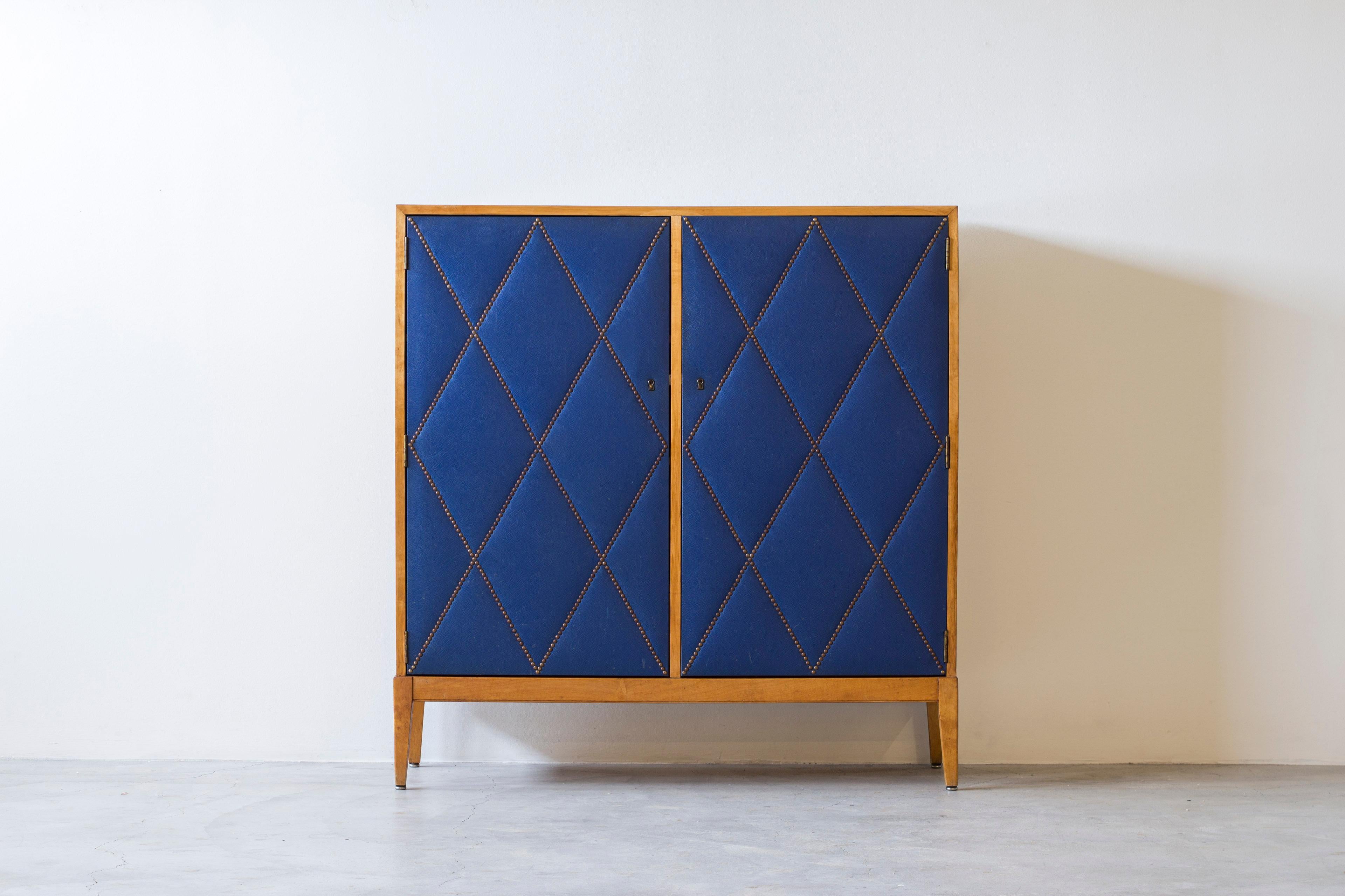 Brass Geometrical blue cabinet attributed to Otto Schulz  and Boet, 1940s For Sale