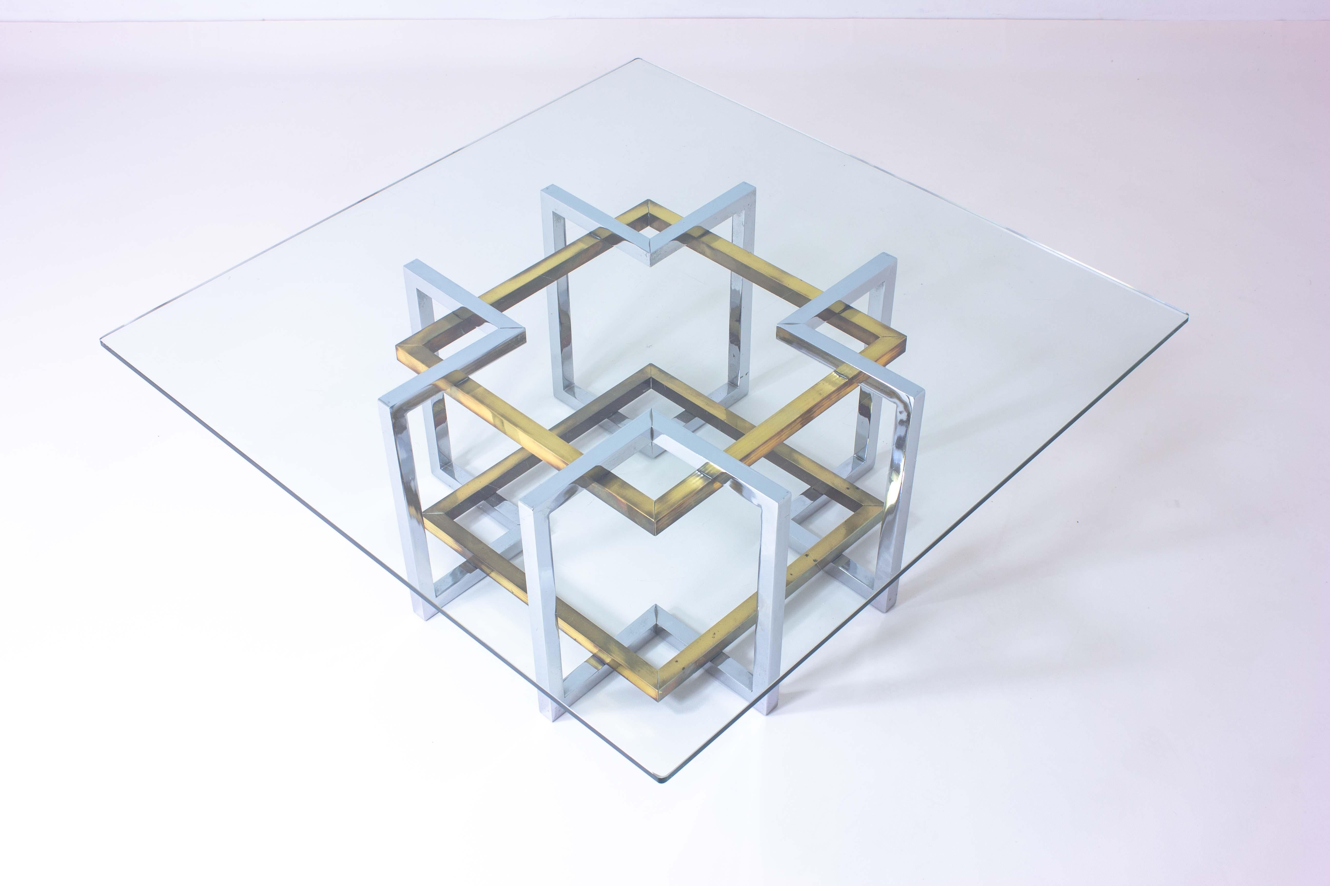 Geometrical Brass & Chrome Coffee Table, Belgium, 1970s For Sale 4