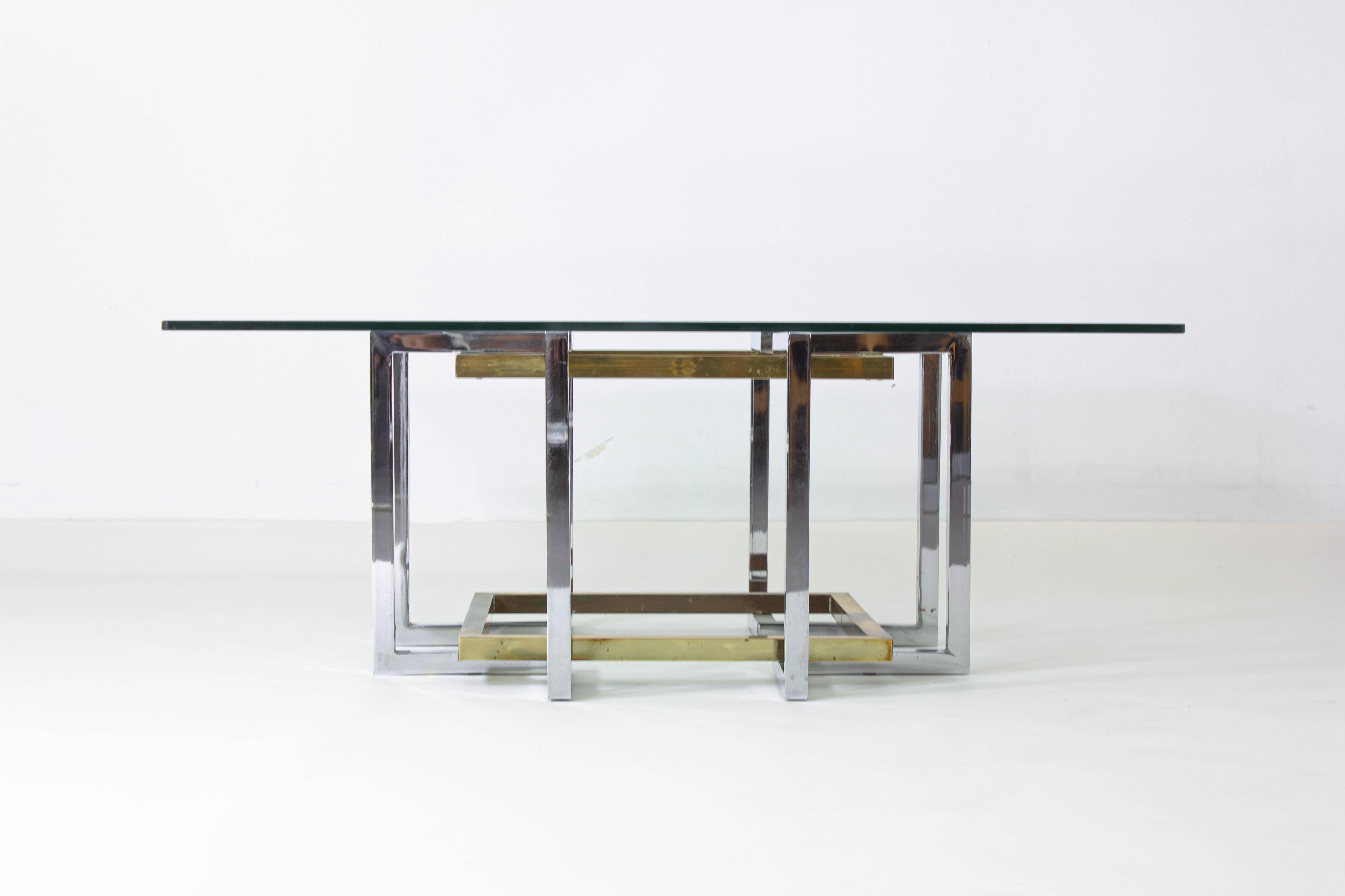 Geometrical Brass & Chrome Coffee Table, Belgium, 1970s In Good Condition For Sale In Antwerpen, VAN