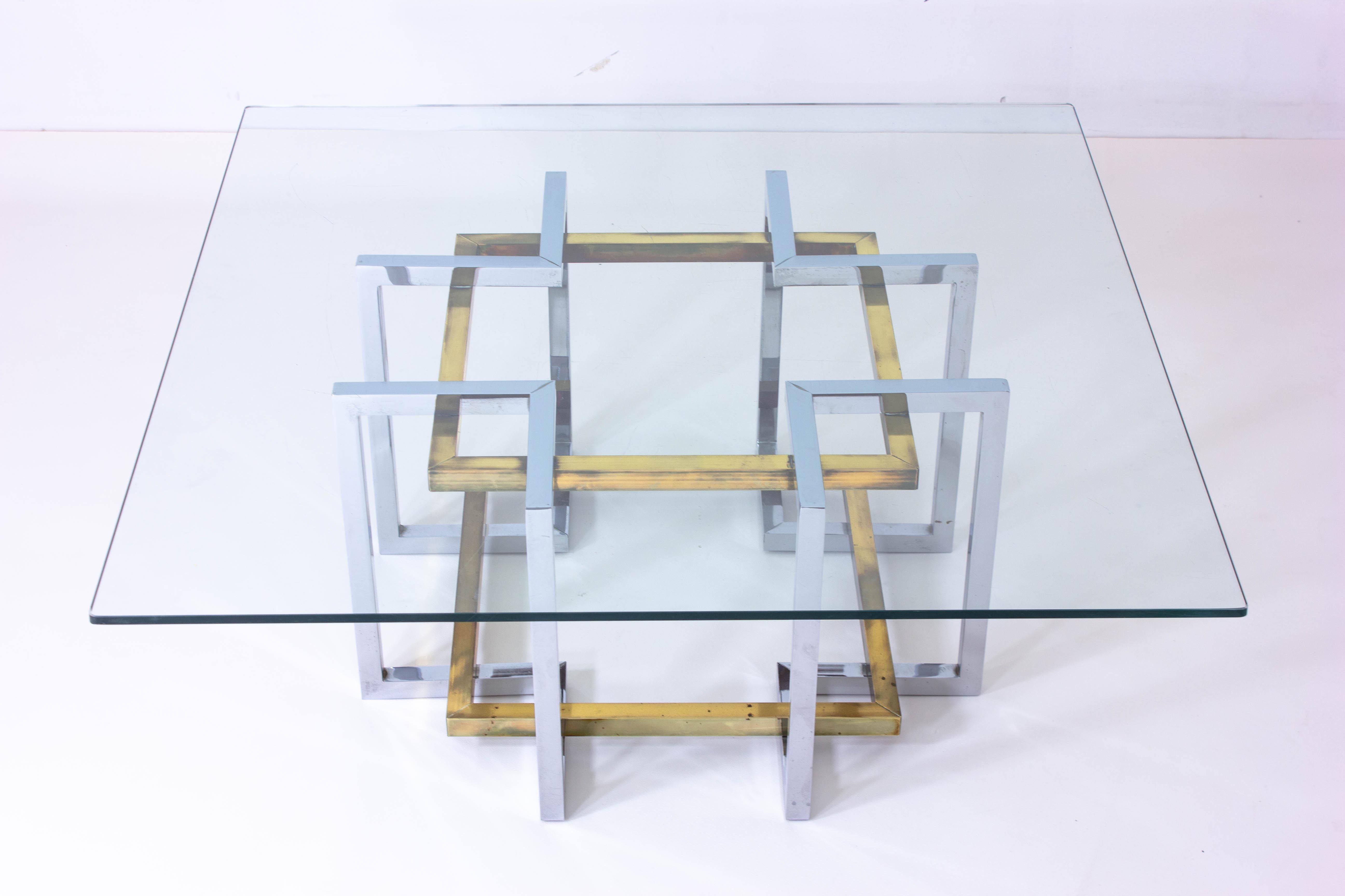 Late 20th Century Geometrical Brass & Chrome Coffee Table, Belgium, 1970s For Sale