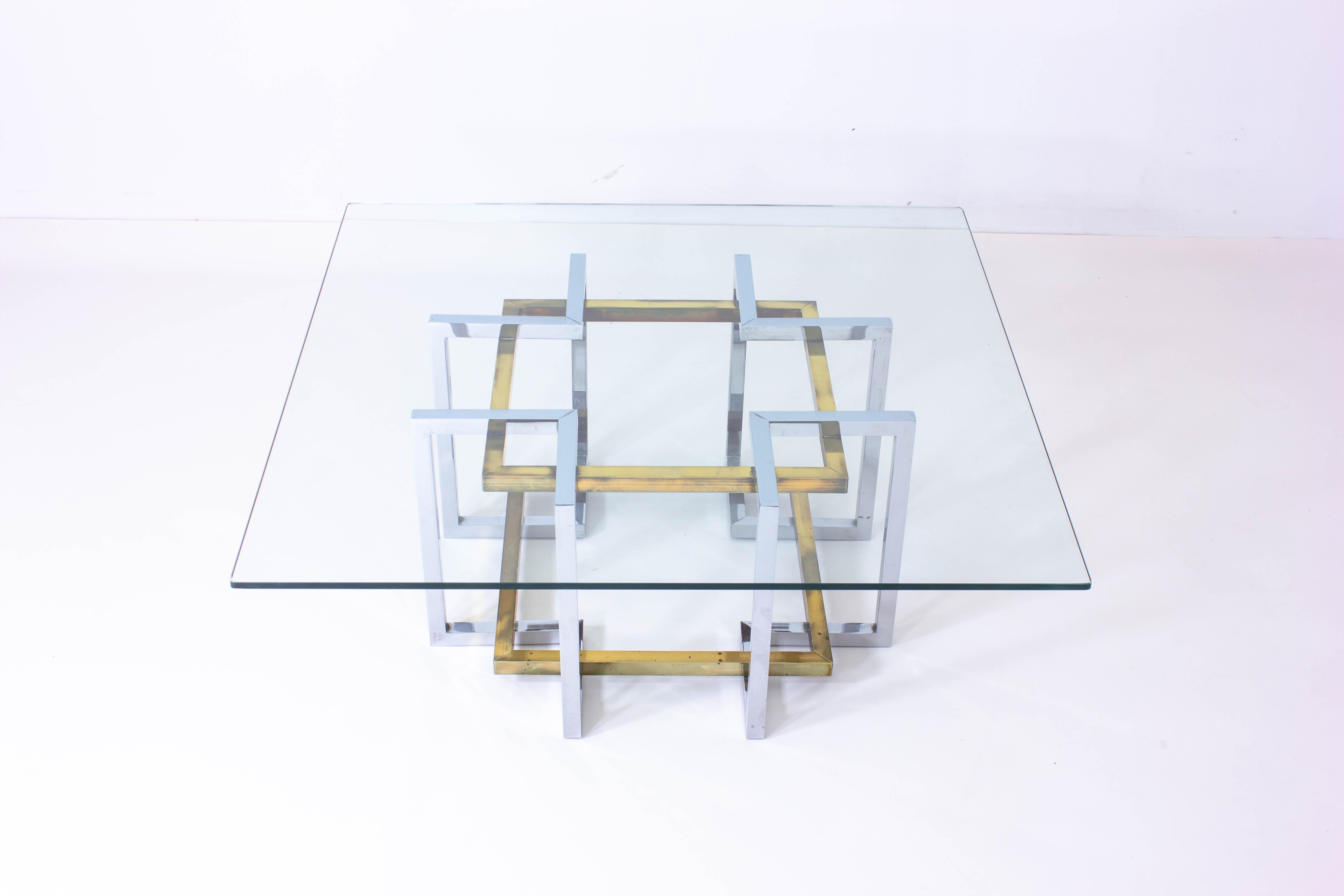 Laiton Table basse géométrique en laiton et chrome, Belgique, années 1970 en vente