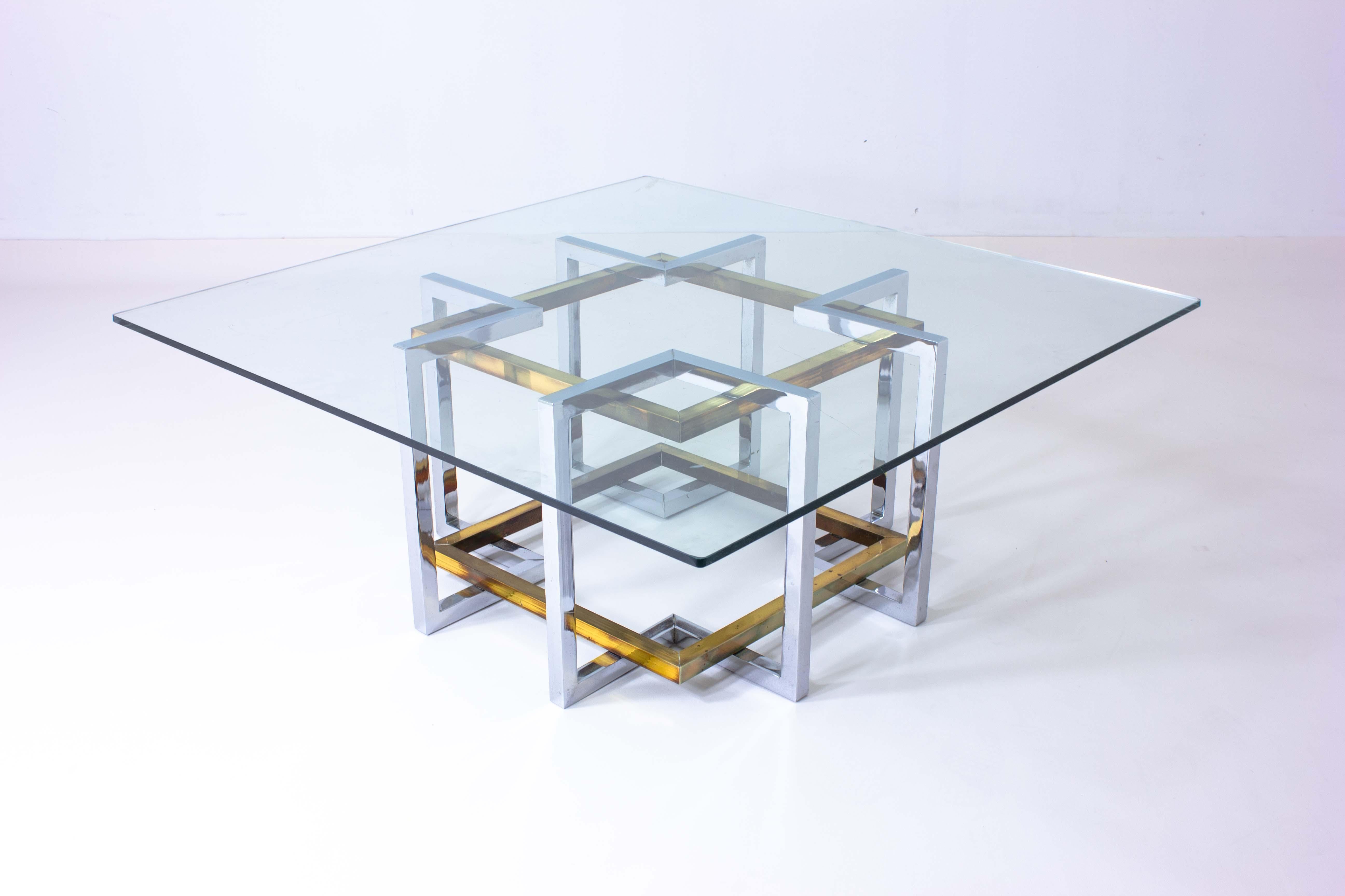 Geometrical Brass & Chrome Coffee Table, Belgium, 1970s For Sale 2