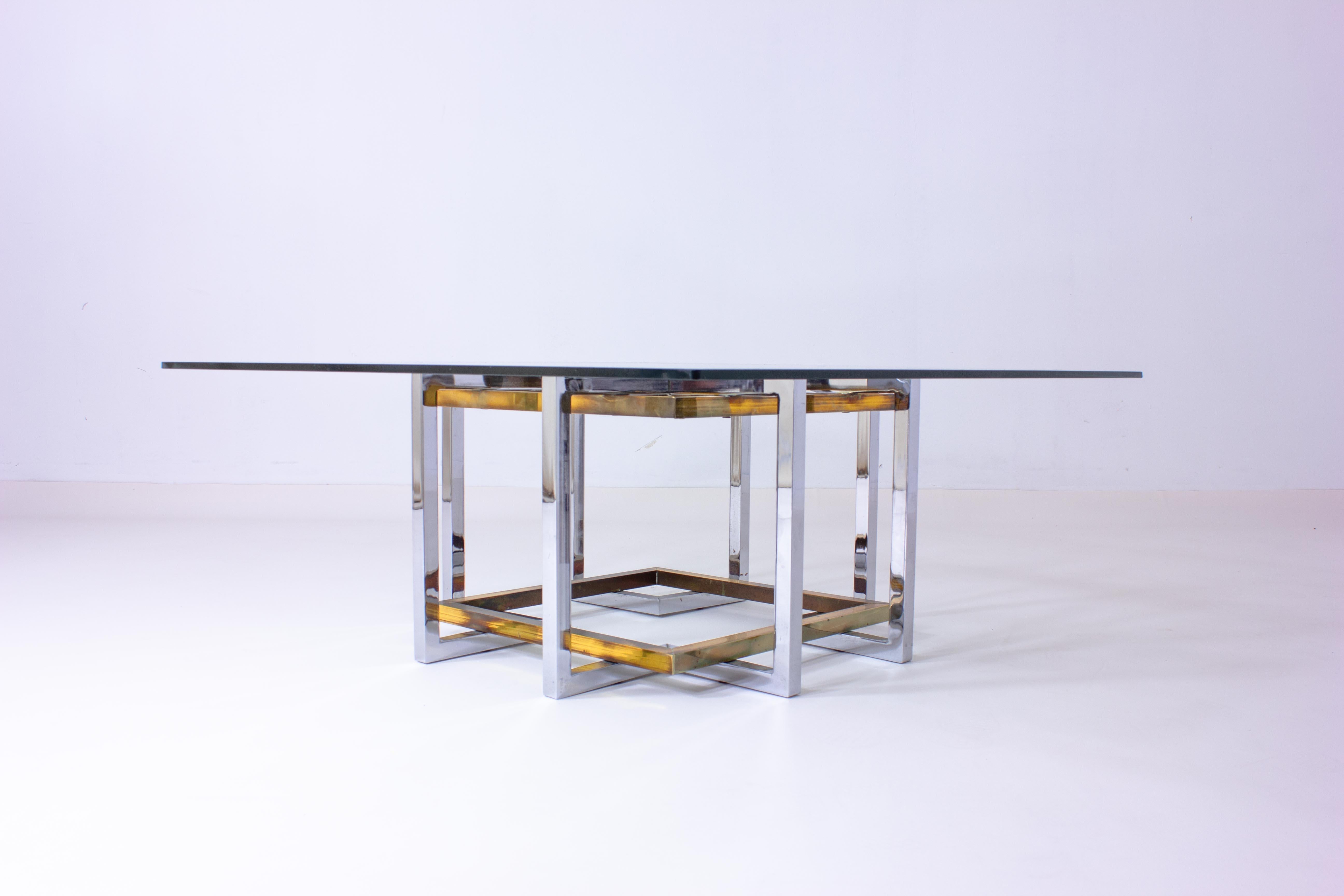 Geometrical Brass & Chrome Coffee Table, Belgium, 1970s For Sale 3
