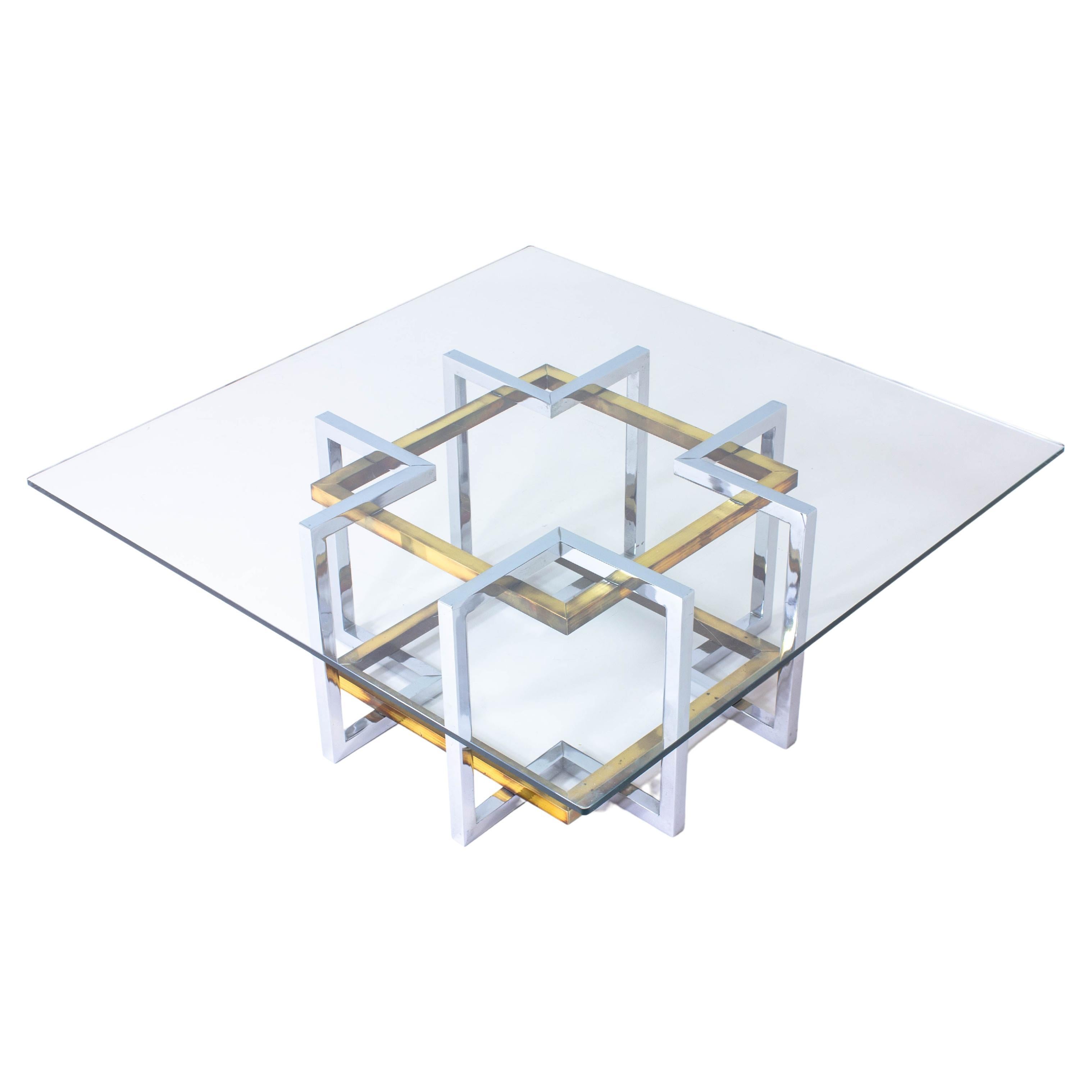 Geometrical Brass & Chrome Coffee Table, Belgium, 1970s For Sale