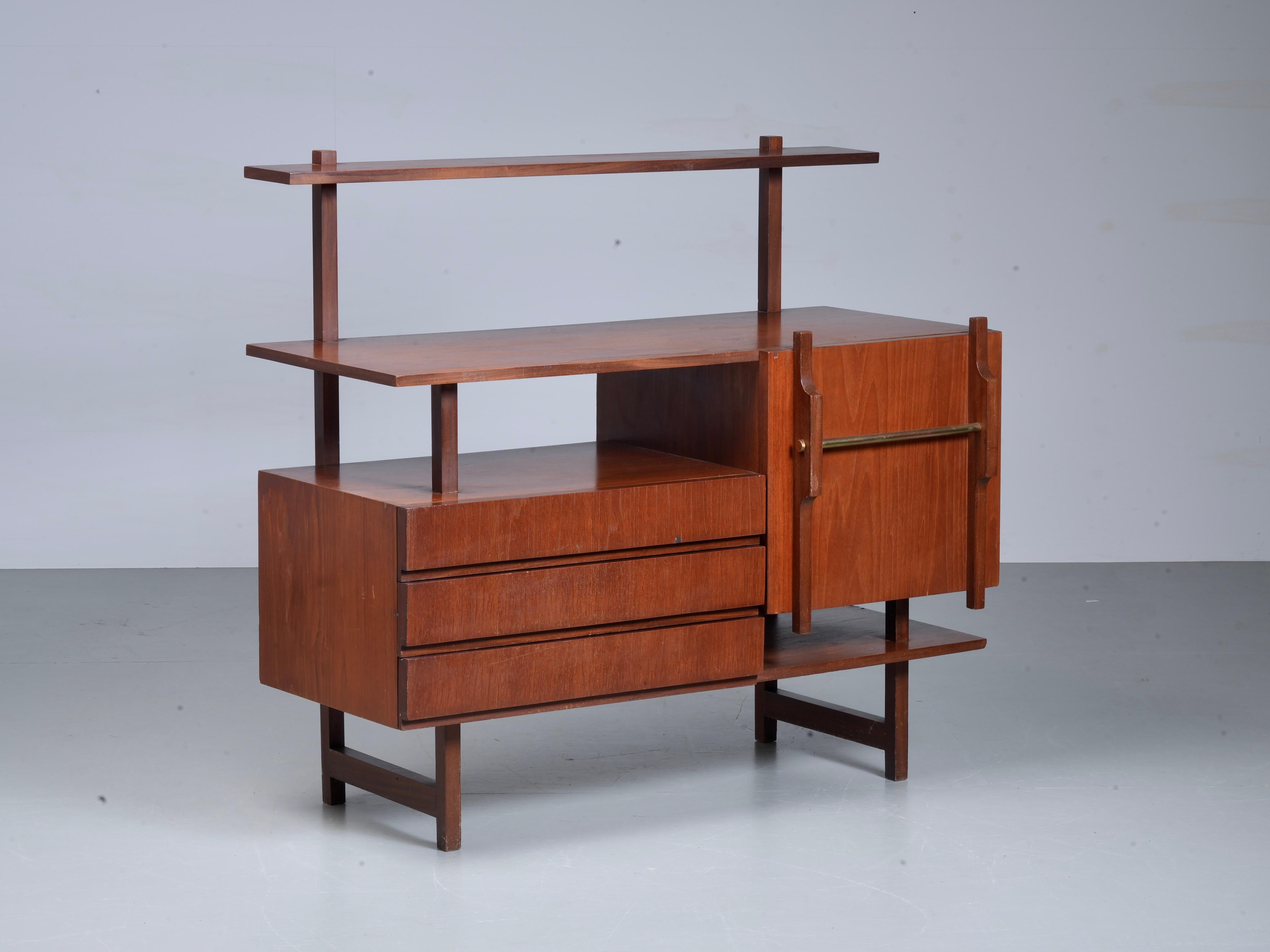 Italian Geometrical Credenza in Wood and Brass, Italy 1960's For Sale