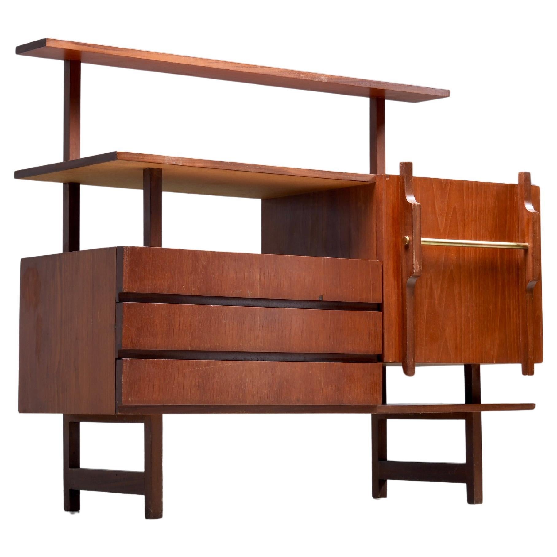 Geometrical Credenza in Wood and Brass, Italy 1960's For Sale