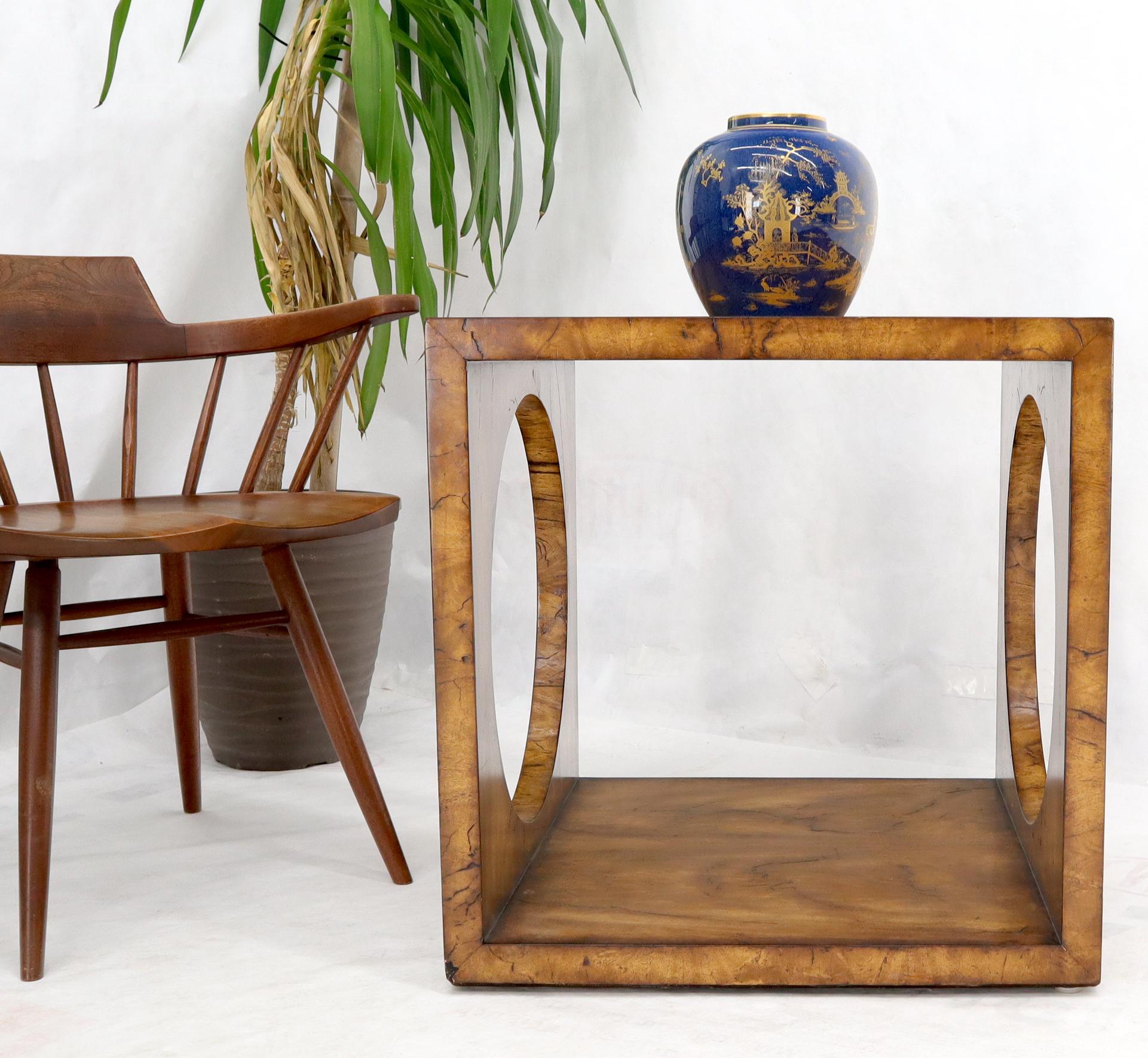 Hardwood Geometrical Cube Shape Burl Flame Wood Pattern Side Table For Sale