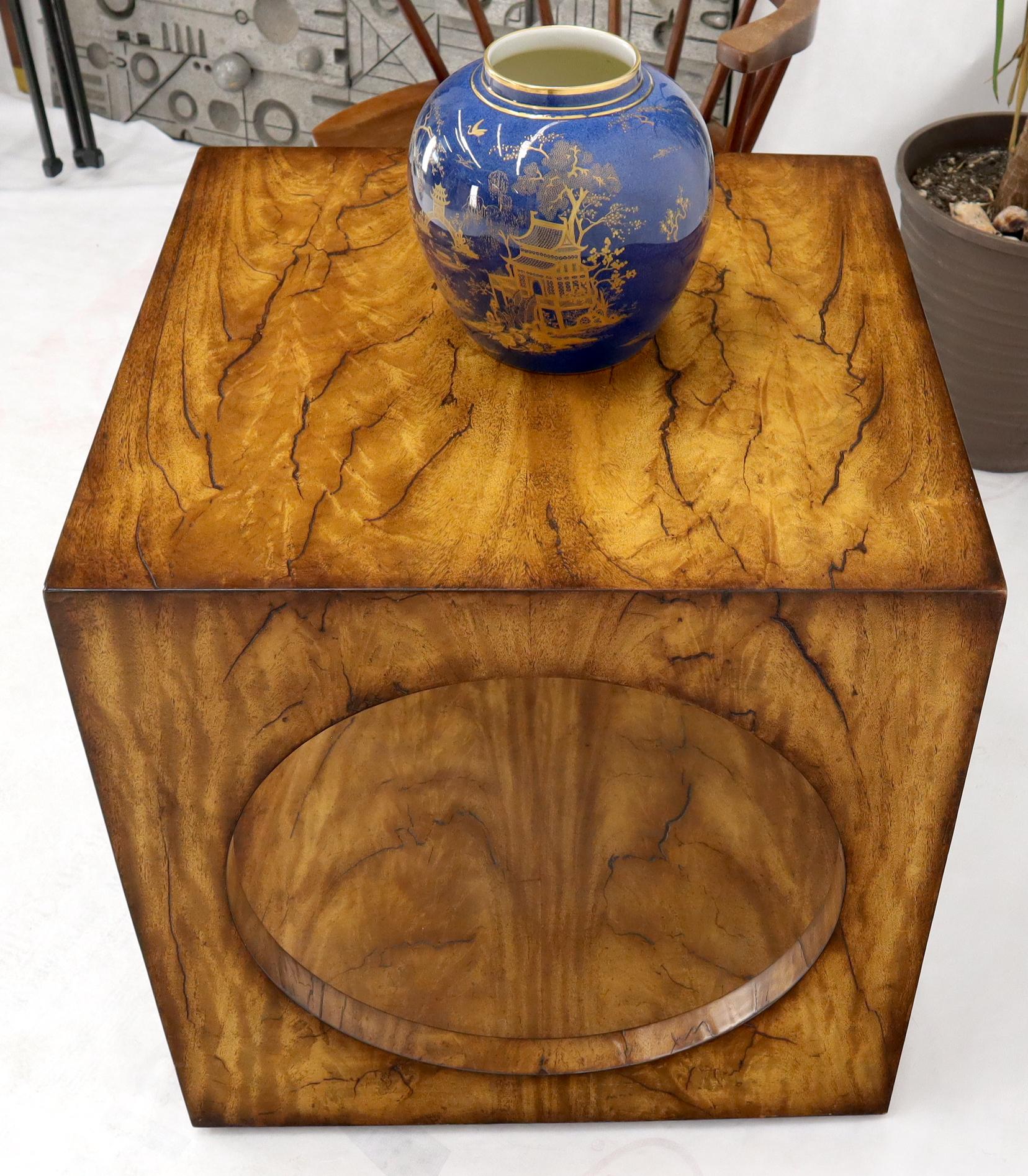 Geometrical Cube Shape Burl Flame Wood Pattern Side Table For Sale 1