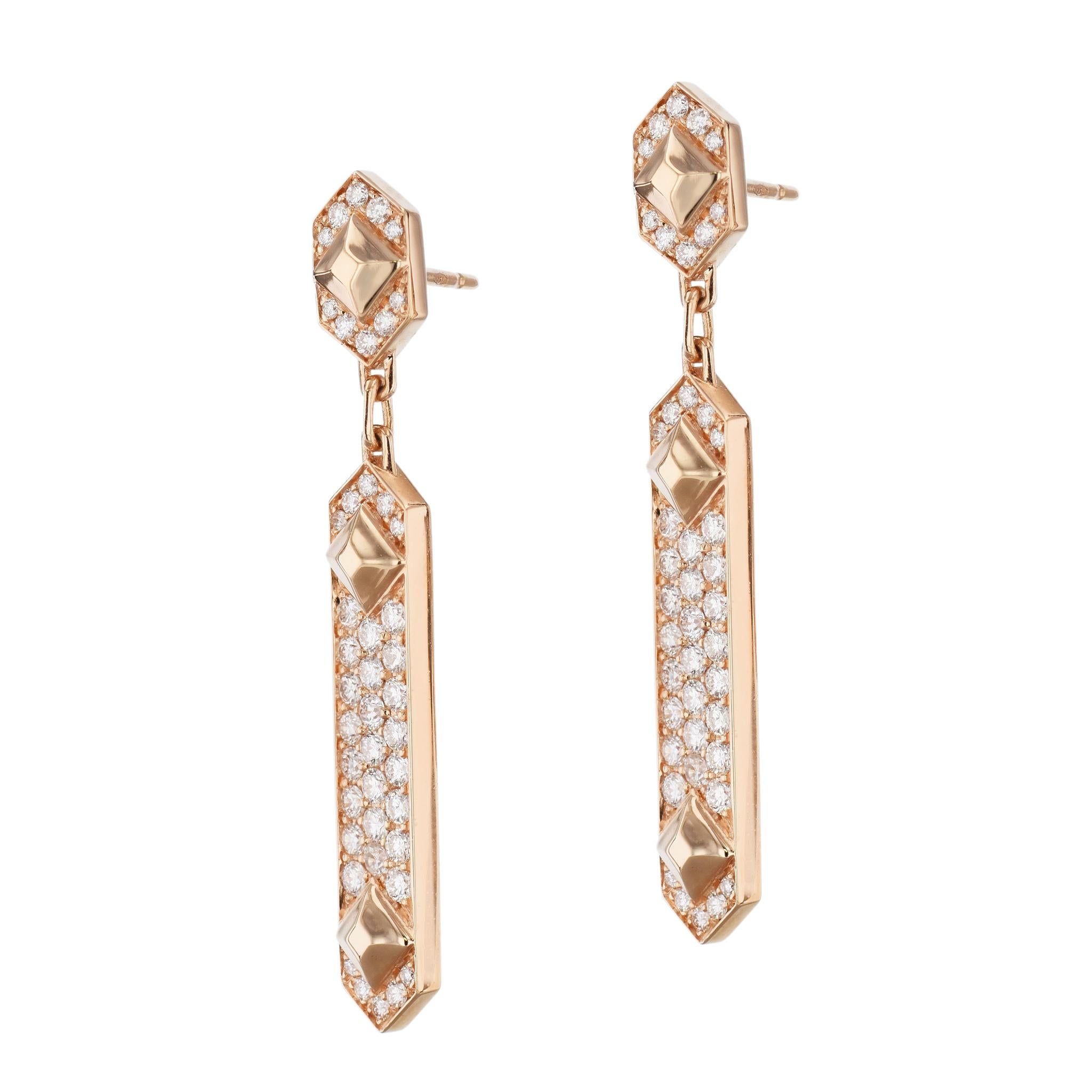 Rose Cut Geometrical Diamond Rose Gold Drop Earrings  For Sale