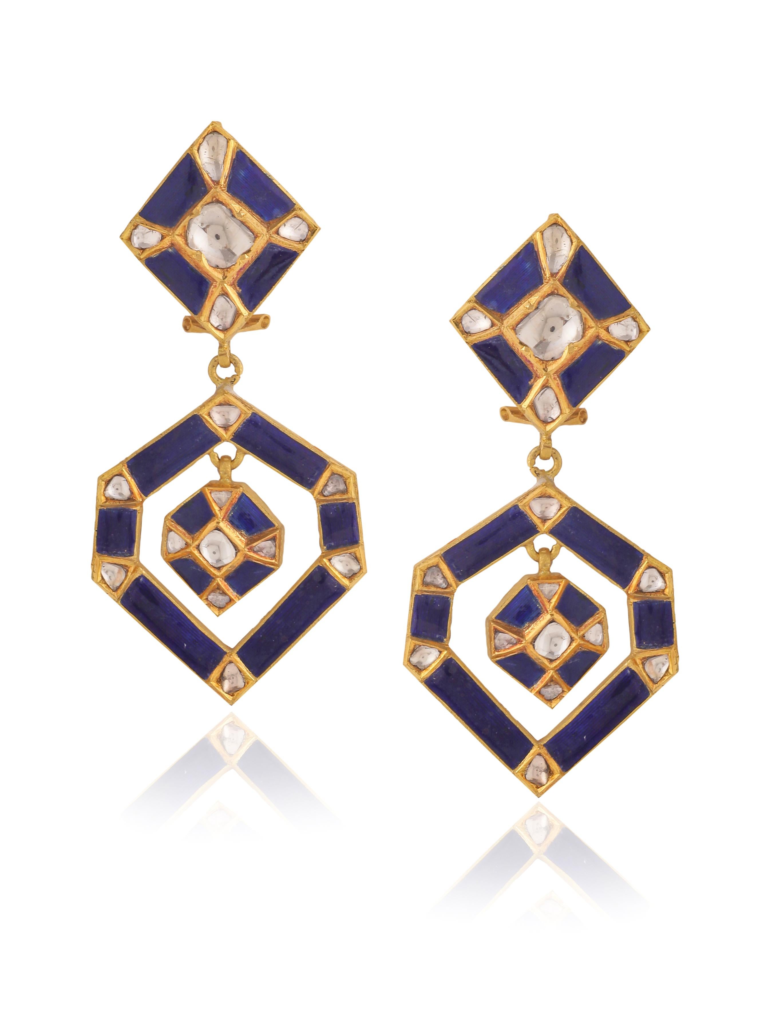 Art Deco Geometrical Earrings Handcrafted in 18K Gold with Diamond and Fine Enamel Work For Sale
