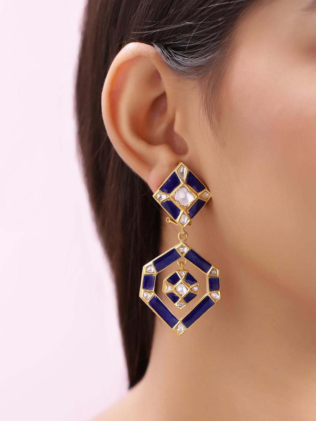 Rose Cut Geometrical Earrings Handcrafted in 18K Gold with Diamond and Fine Enamel Work For Sale