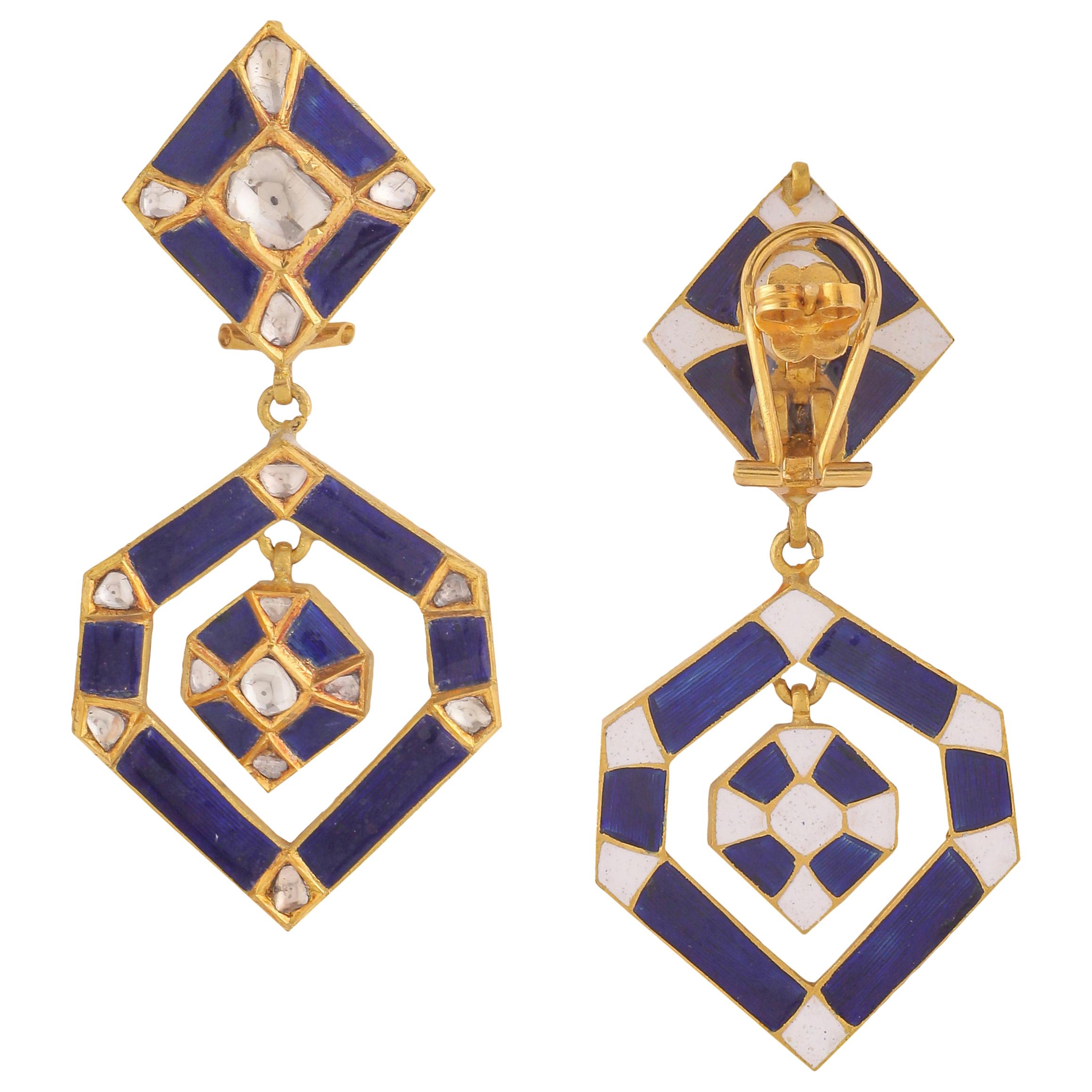 Geometrical Earrings Handcrafted in 18K Gold with Diamond and Fine Enamel Work For Sale