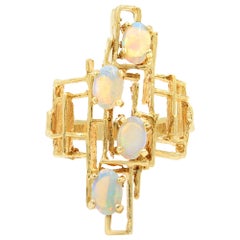 Vintage Geometrical Handmade Yellow Gold Opal Ring 14 Karat