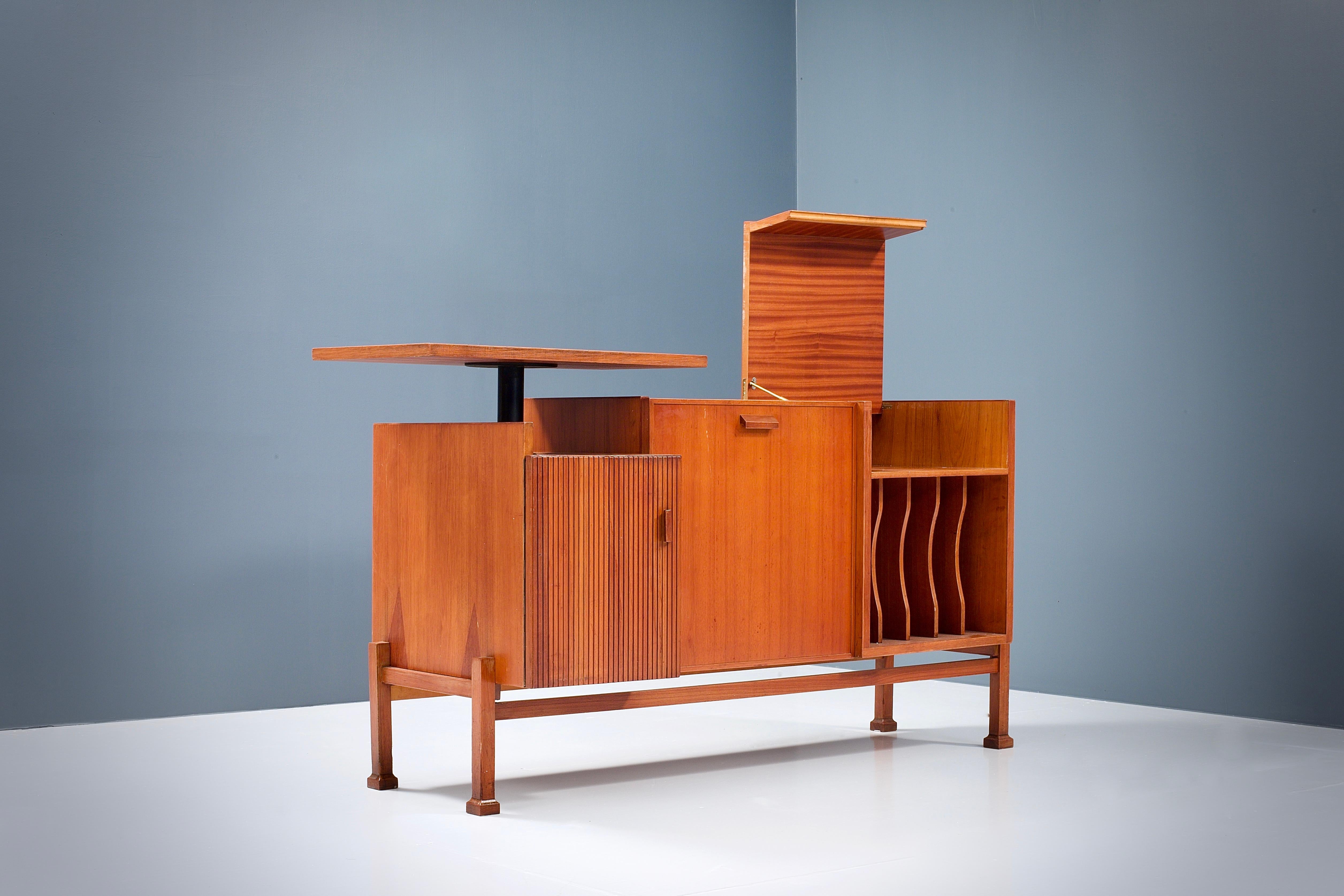 French Geometrical Sideboard / DJ Booth in Patinated Teak, France, 1950s