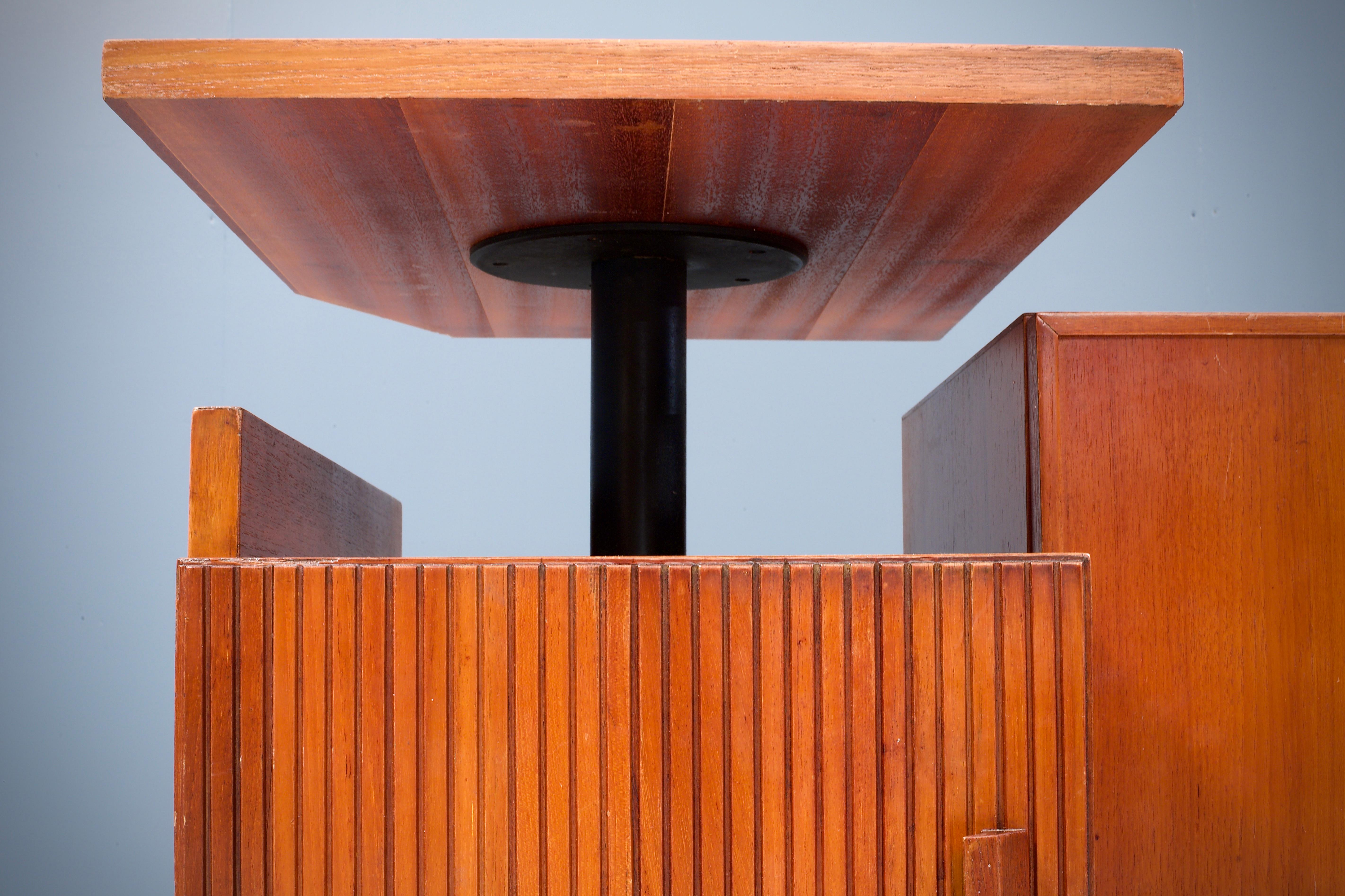 Mid-20th Century Geometrical Sideboard / DJ Booth in Patinated Teak, France, 1950s