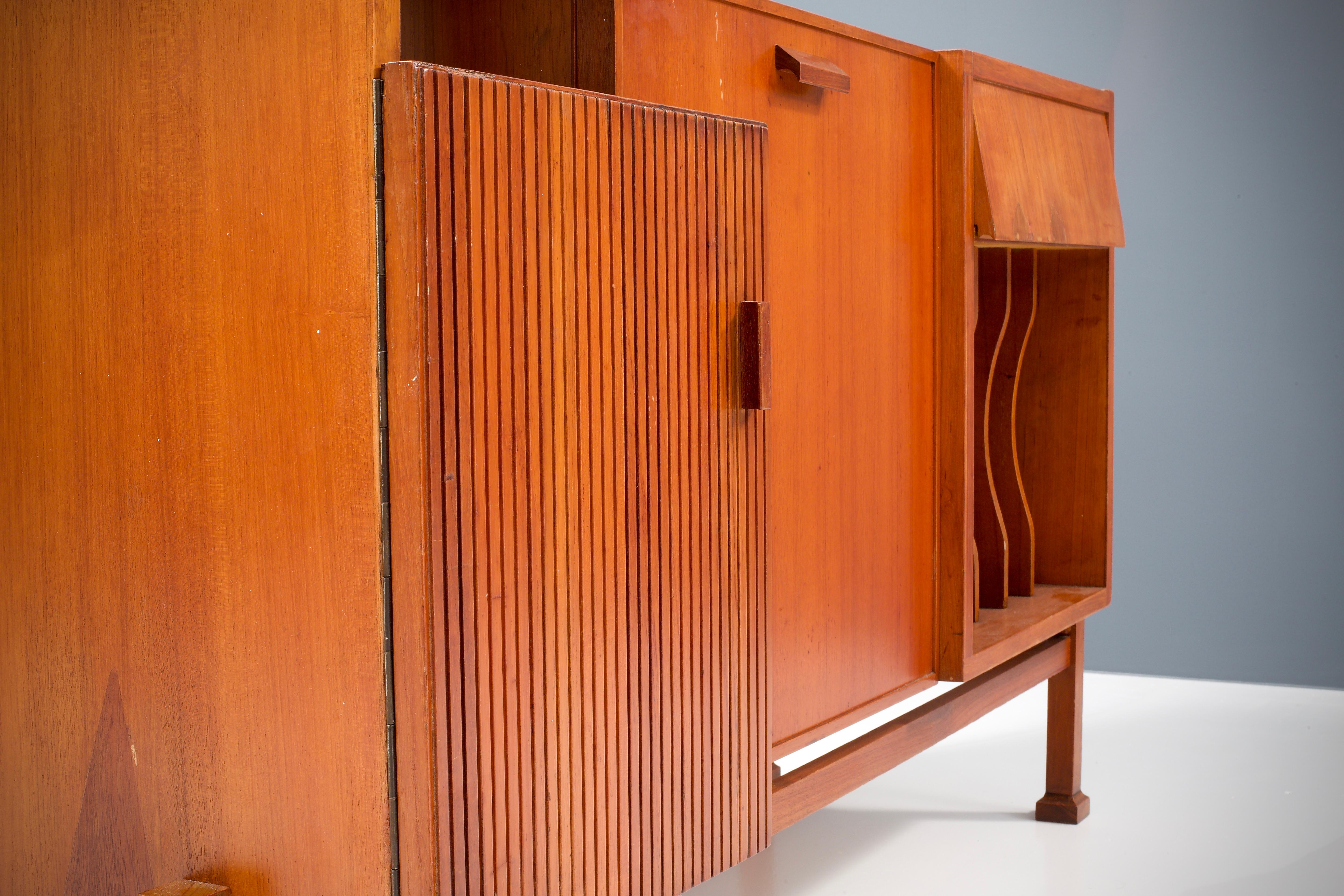 Geometrical Sideboard / DJ Booth in Patinated Teak, France, 1950s 1