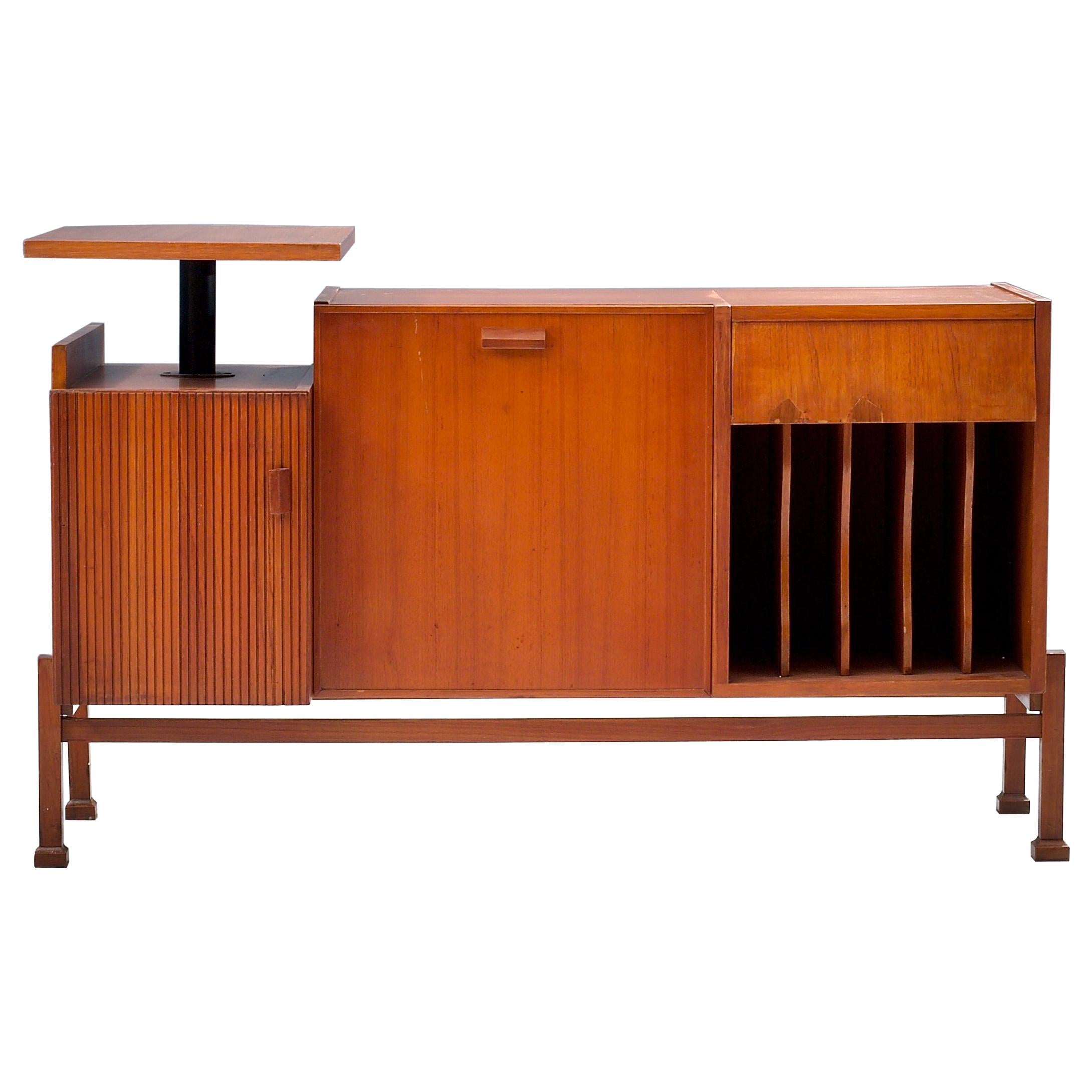 Geometrical Sideboard / DJ Booth in Patinated Teak, France, 1950s