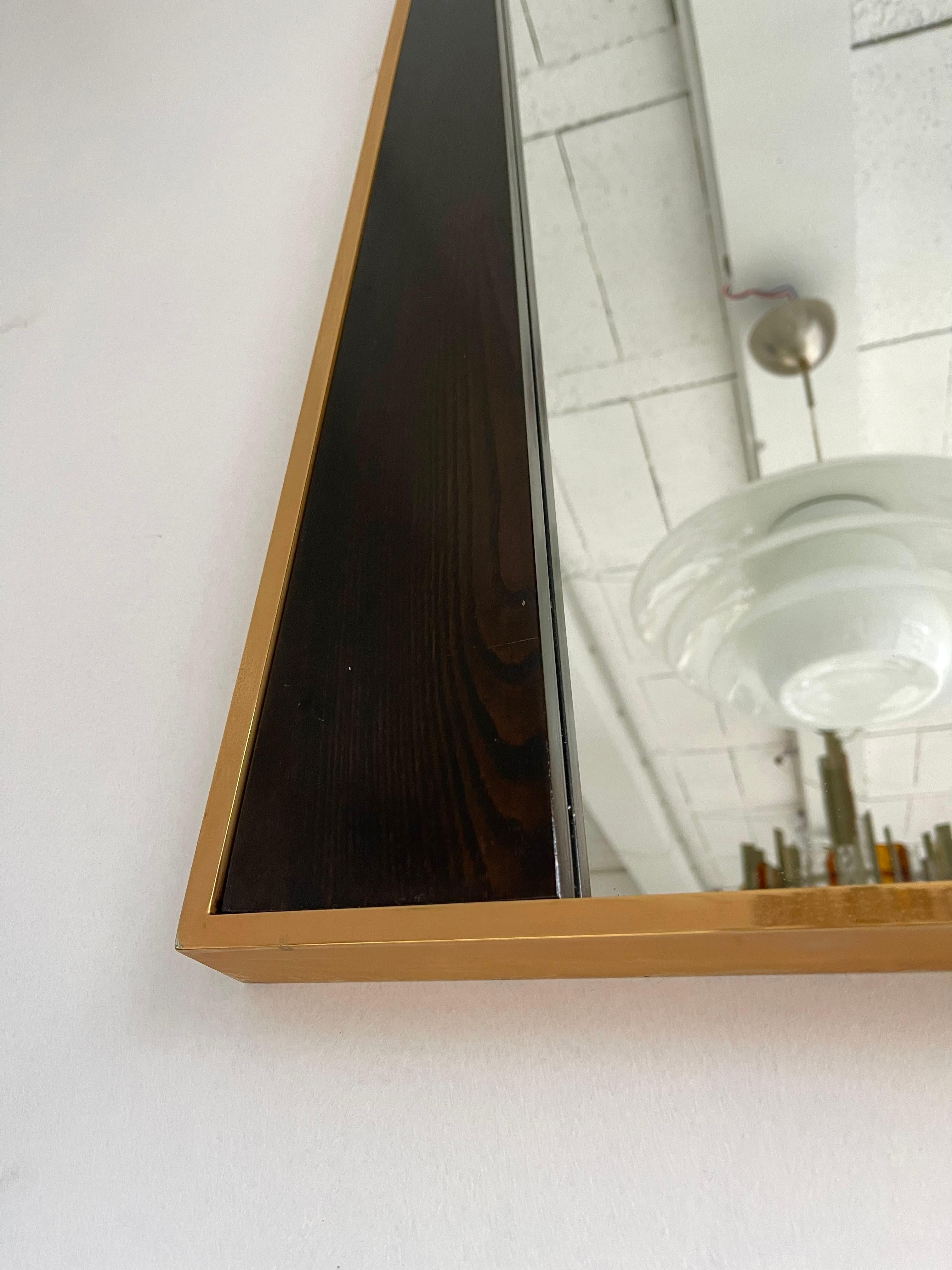 Geometrical asymmetrical wood and brass mirror. In the mood of Romeo Rega, Maison Jansen, Esperia, Mahey, Guy Lefèvre.