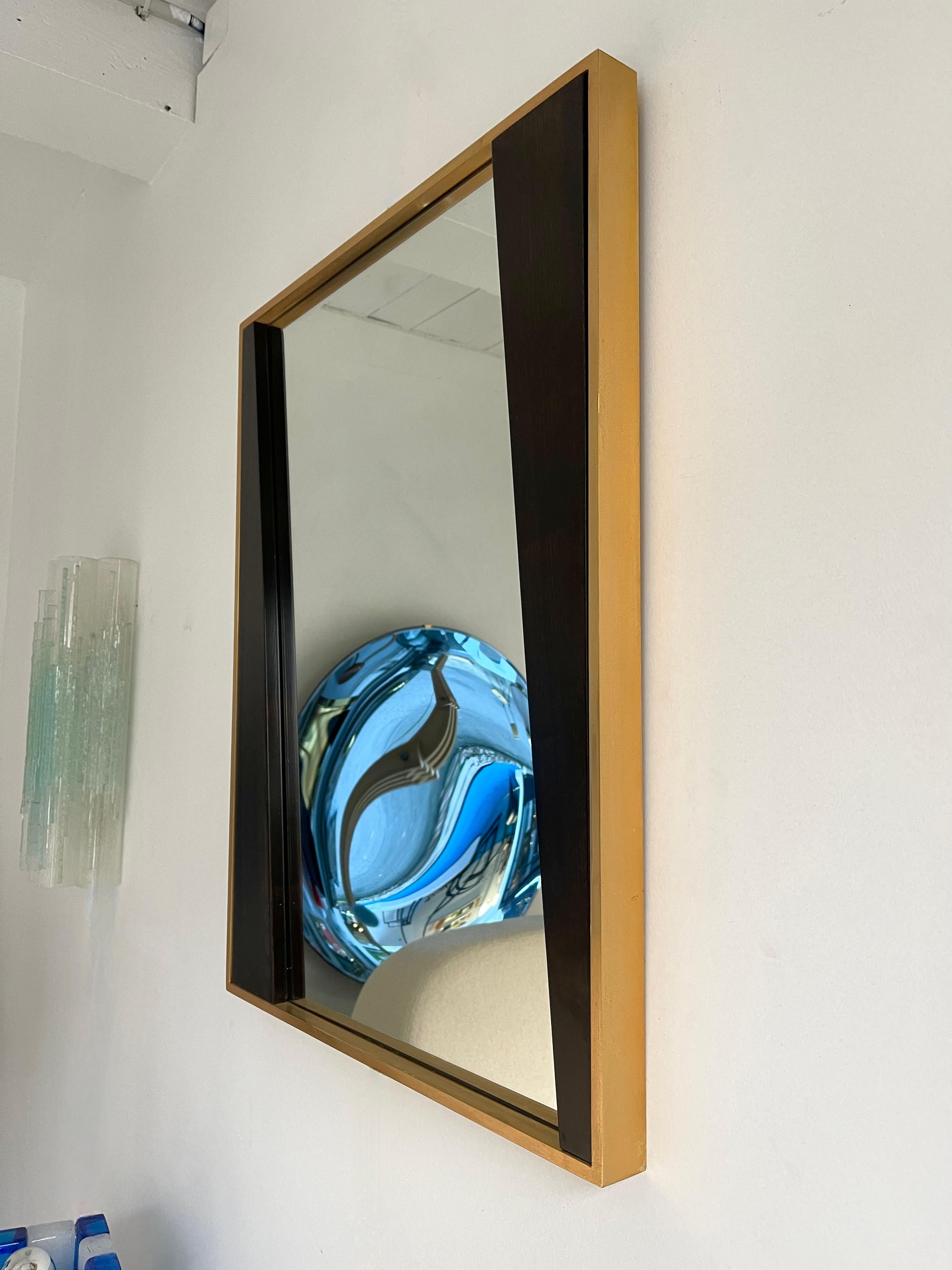 Mid-Century Modern Geometrical Wood and Brass Mirror, Italy, 1970s For Sale