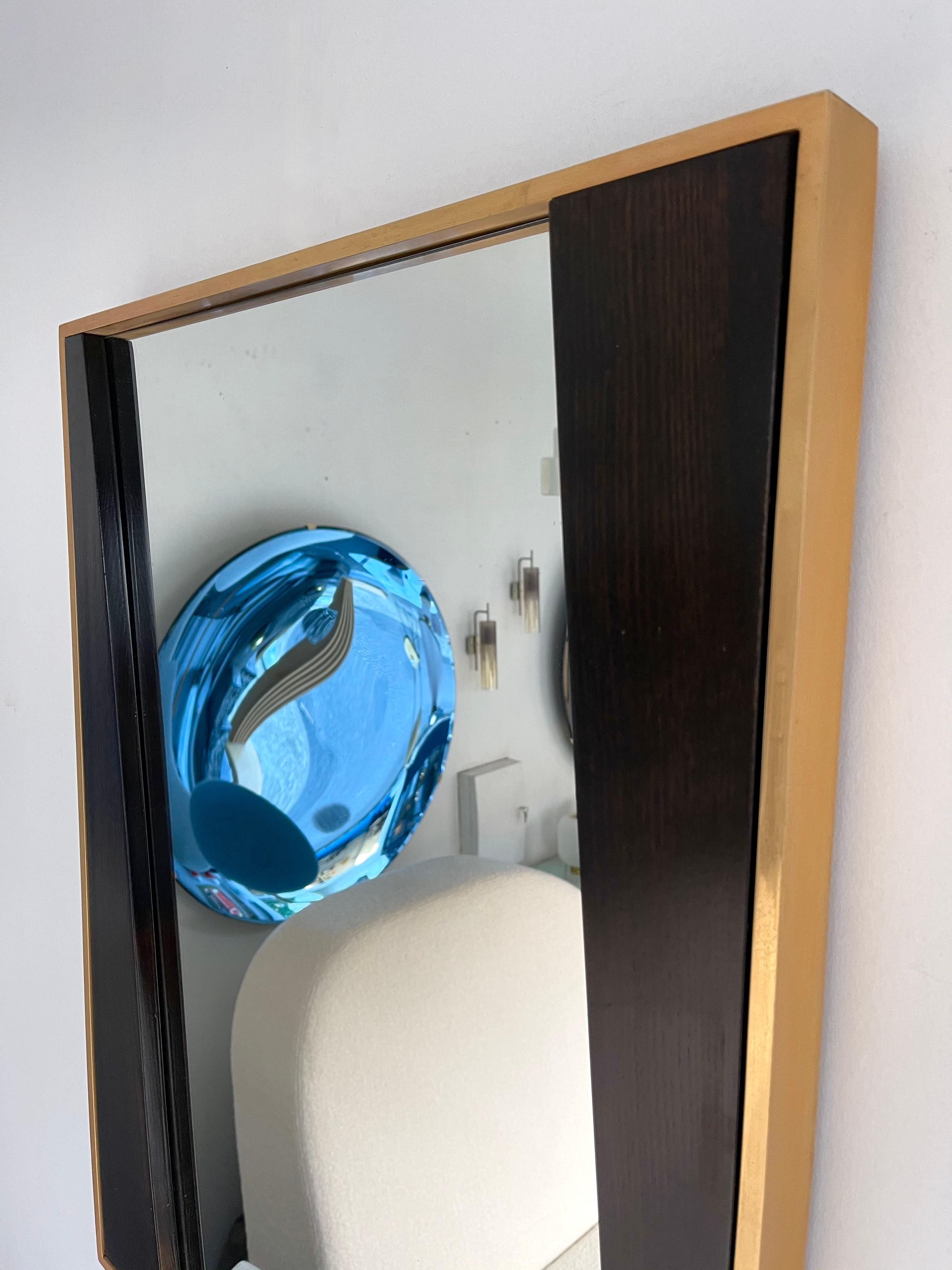 Italian Geometrical Wood and Brass Mirror, Italy, 1970s For Sale
