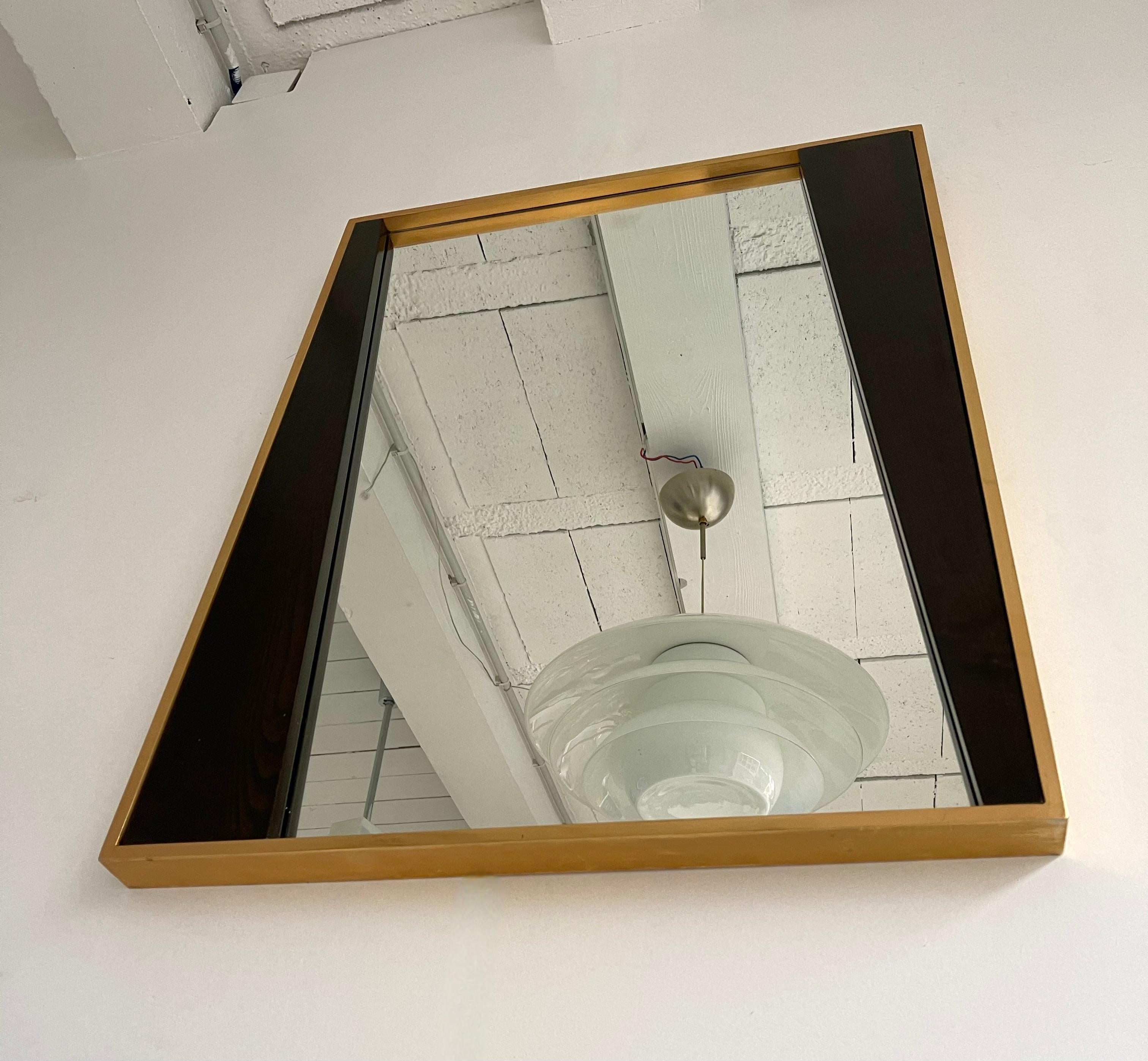Geometrical Wood and Brass Mirror, Italy, 1970s In Good Condition For Sale In SAINT-OUEN, FR