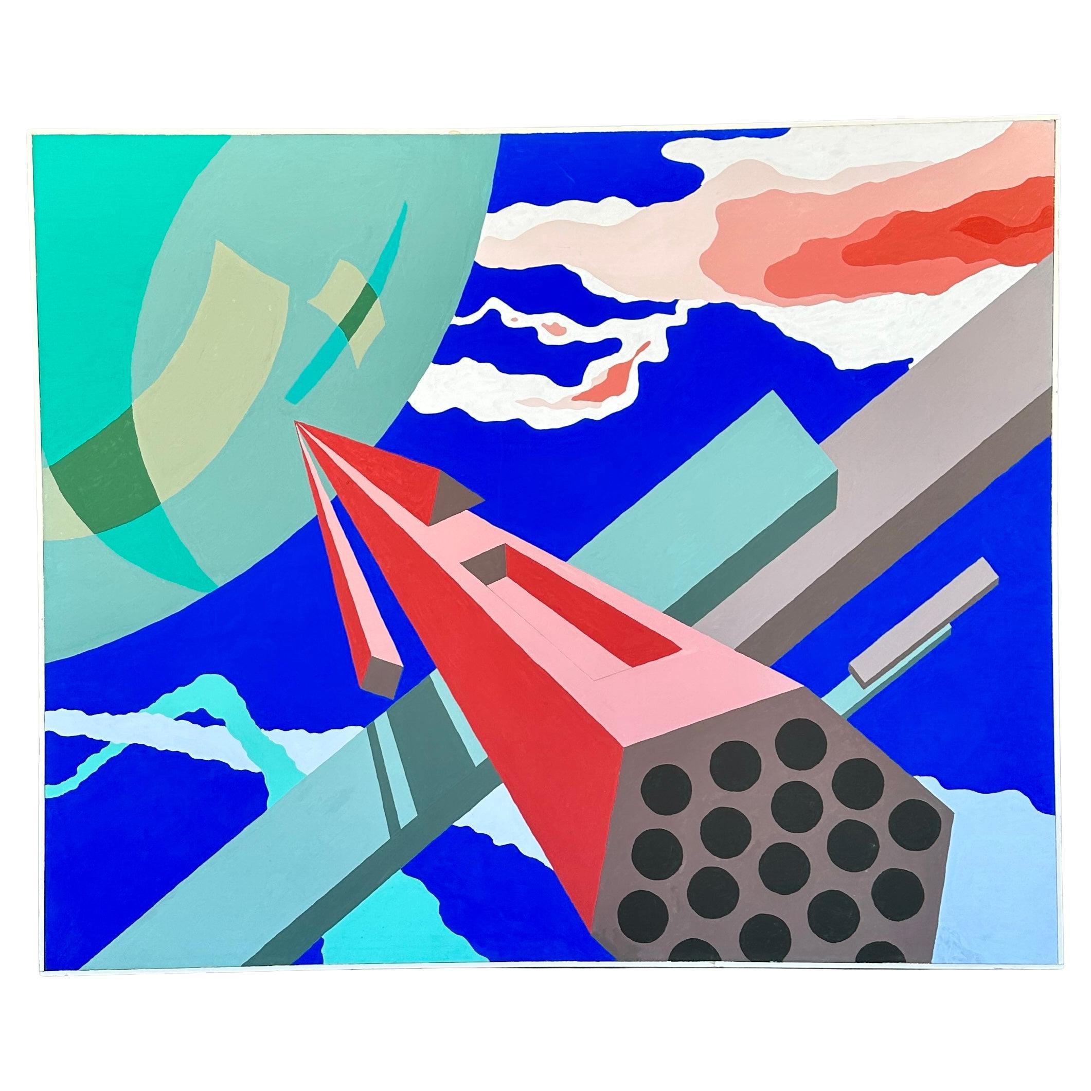“Geometrics in Space”, Hard Edge Postmodern Acrylic on Canvas, Signed H Karp ‘80