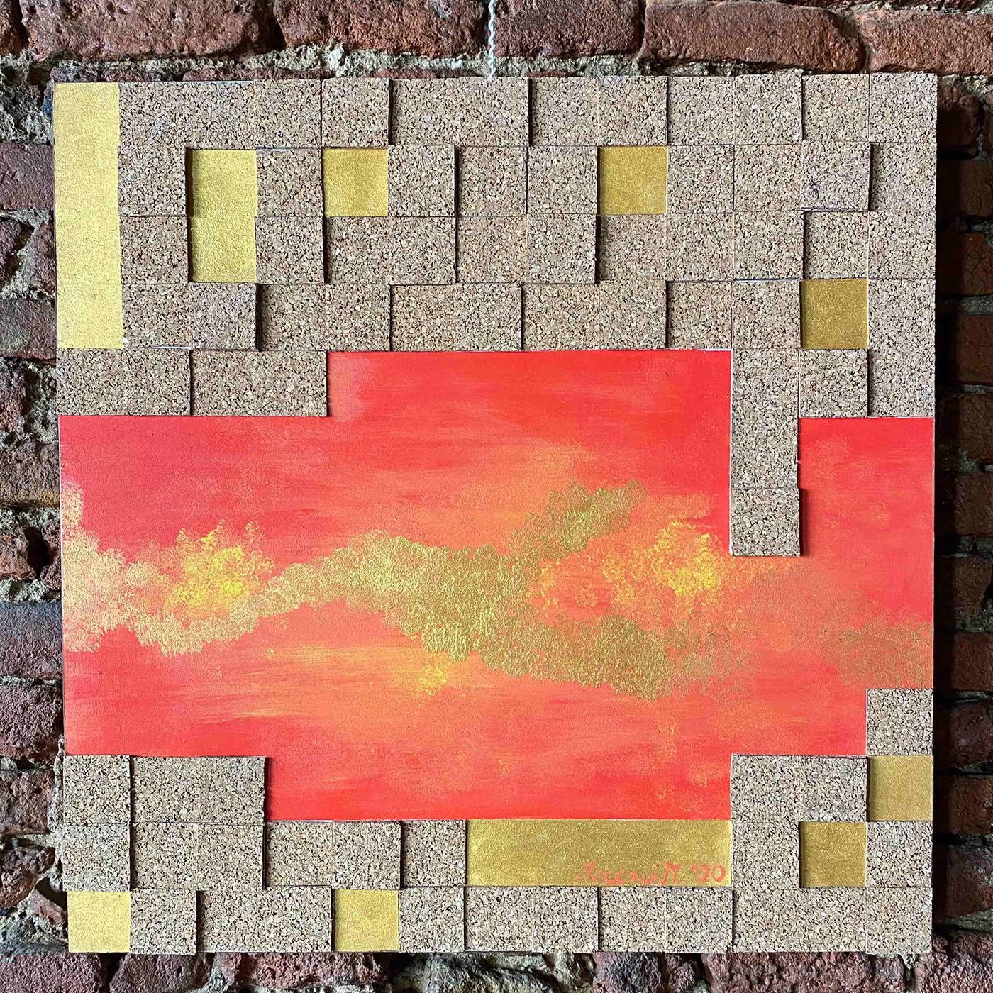 This wall panel features an alluring combination of geometric shapes and colors that will brighten up any open wall. Cork square tiles are strategically placed to reveal evocative splashes of red-orange and golden-yellow underneath. Hand-painted on