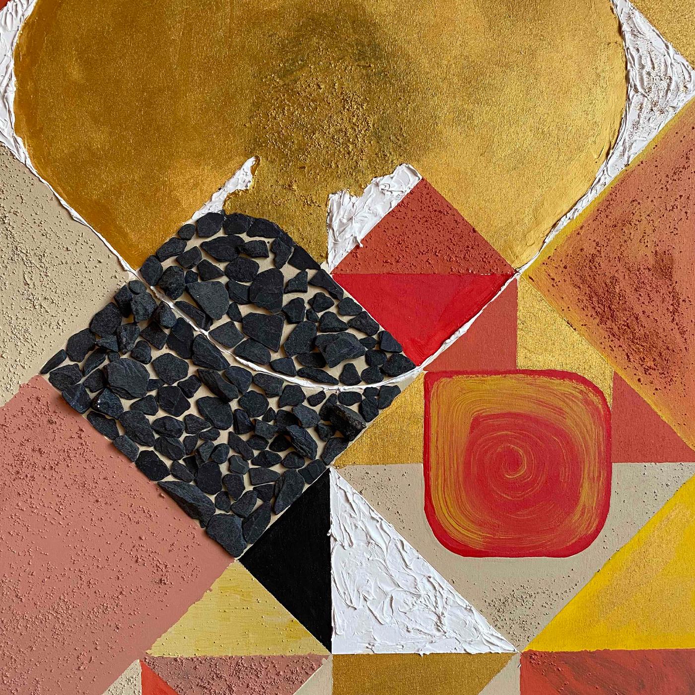 This avant-garde wooden, wall panel is a non-reproducible, one-off piece from the Geometrie series by Mascia Meccani. Featuring an alluring combination of overlapping geometric shapes in warm and earthy hues, such as gold, red, terracotta, and