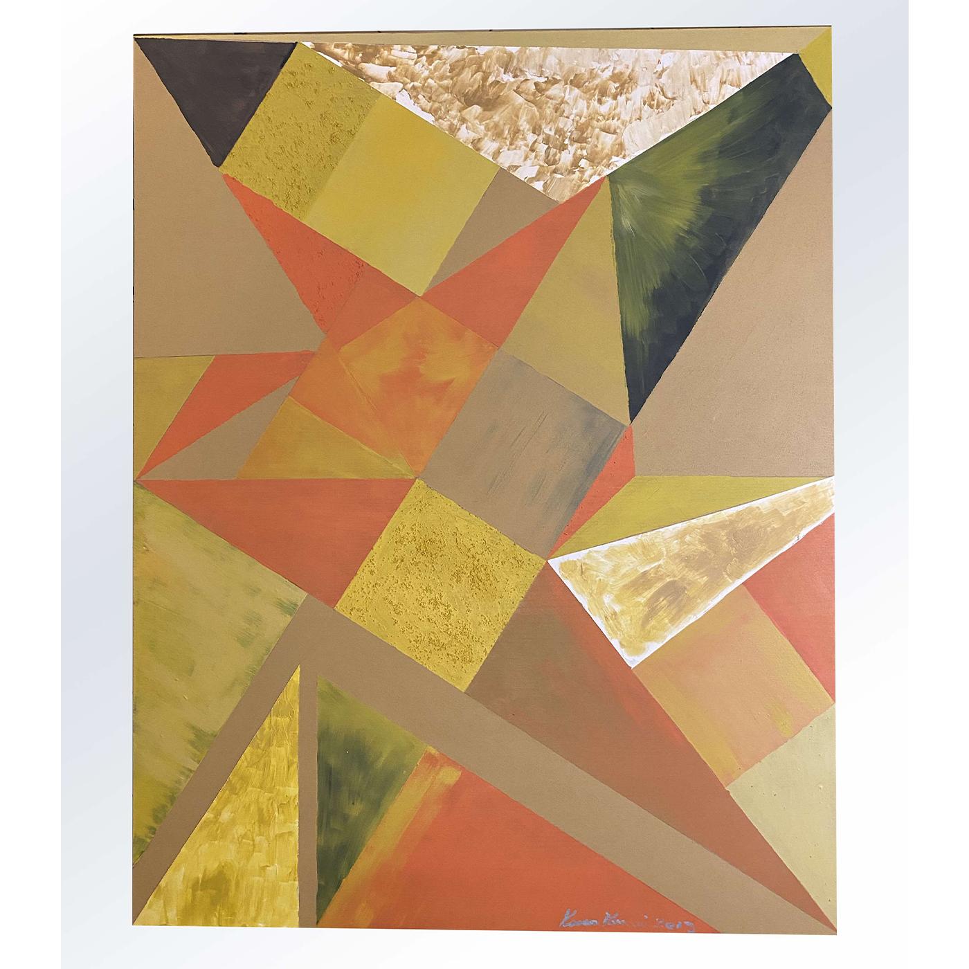 With a stunning display of color and geometric shapes, the decorative wall panel, Geometrie Quattro by Mascia Meccani 2019, in wood hand painted with a mixture of techniques, will add class and creative flair to your contemporary living space. The
