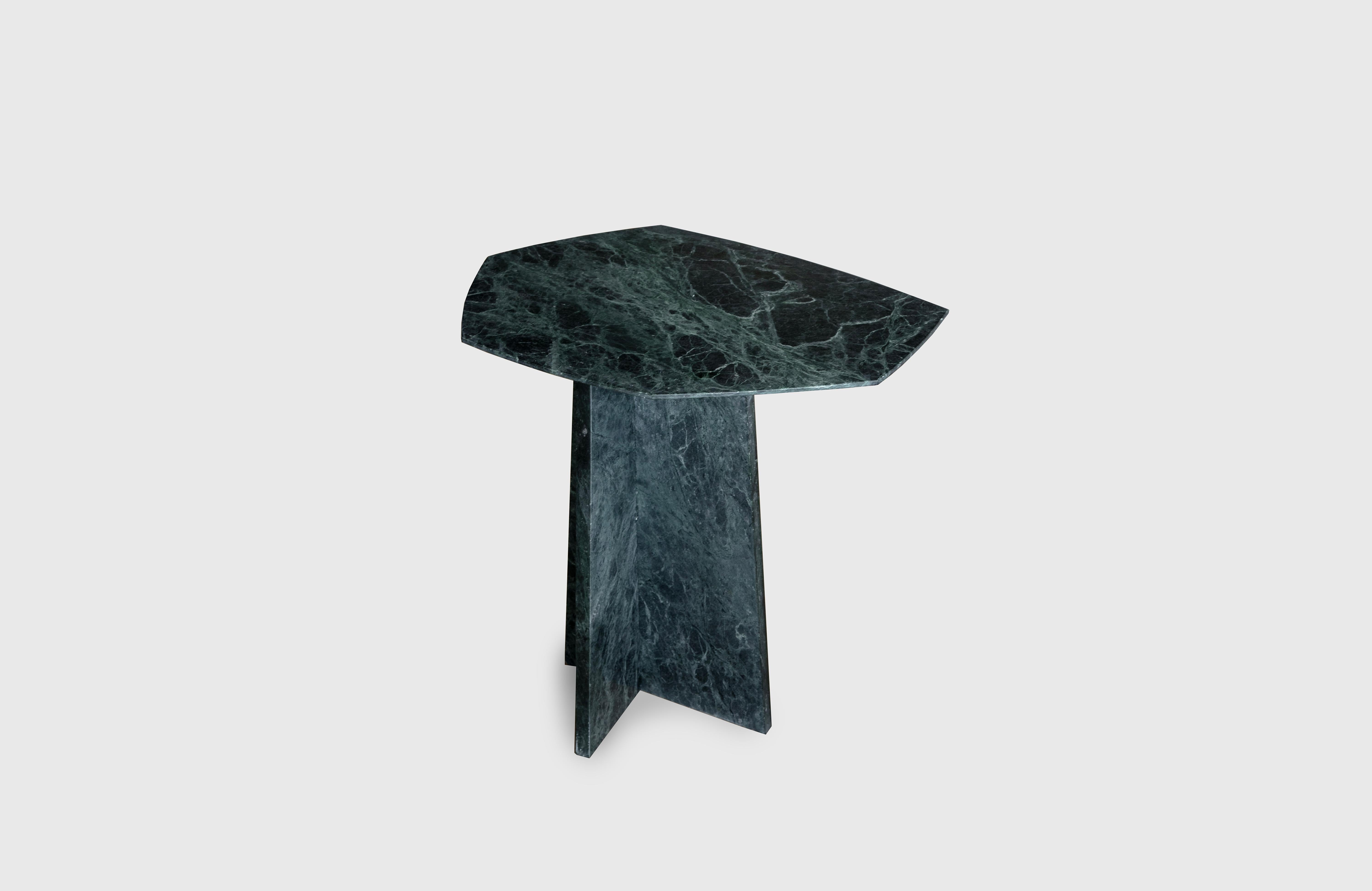 Geometrik Side table with brass/steel lip 
Designer - Alexander Diaz Anderson 

Measurement: 

Small
L 49.2cm/19.3”
W 36.6cm/14.4”
H 48.0cm/18.8”
or
Large
L 50.0cm/19.6”
W 36.6cm/14.4”
H 53.0cm/20.8”

Price quoted for Silver Travertine Stone. 
We