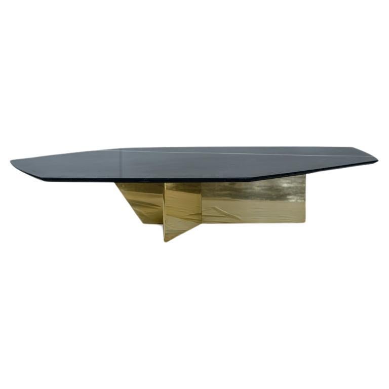 Geometrik Negro Monterrey Stone and Brass Small Coffee Table by Atra Design For Sale