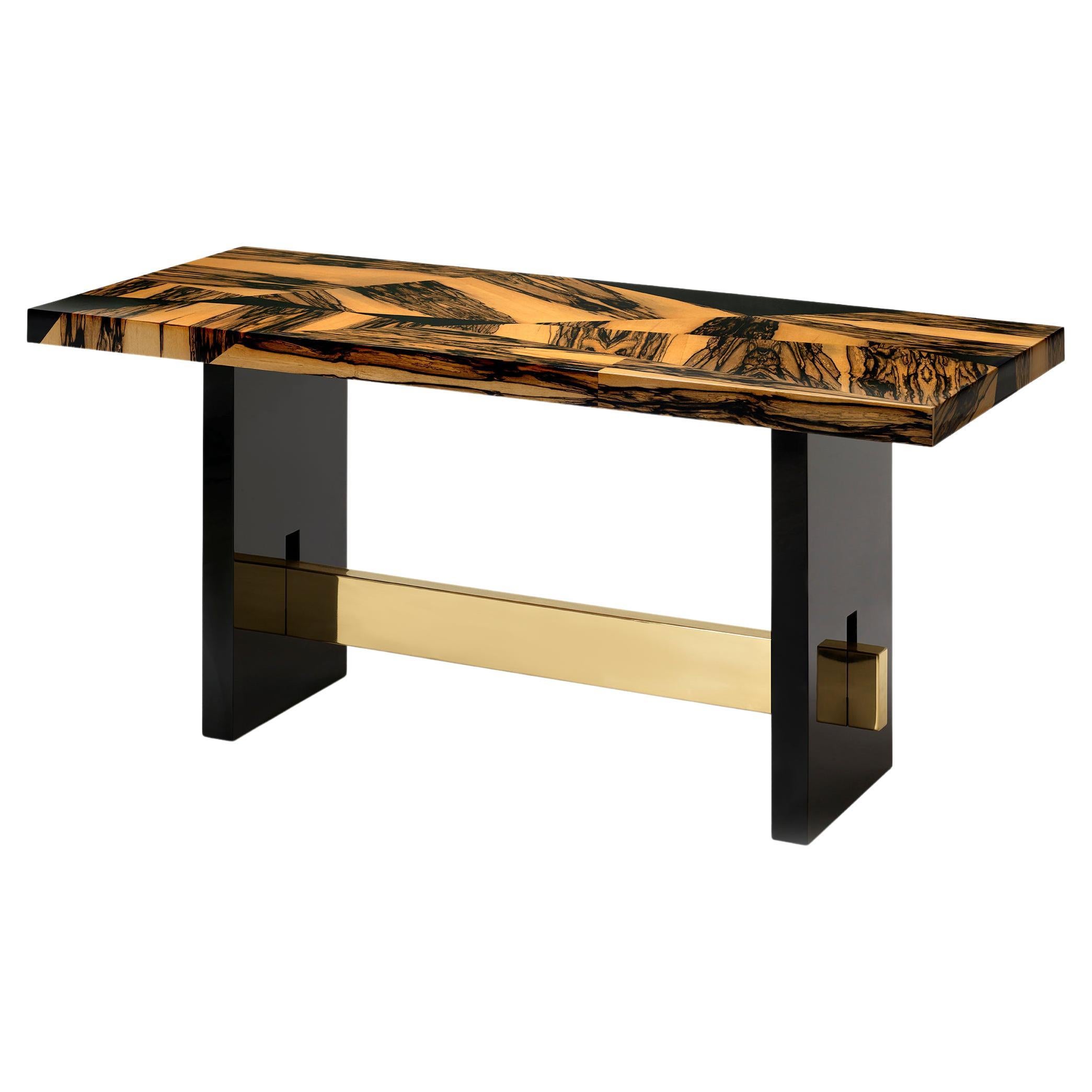 Geometry Console Table, Ebony Marquetry and Brass Details, Handcrafted by Duistt For Sale