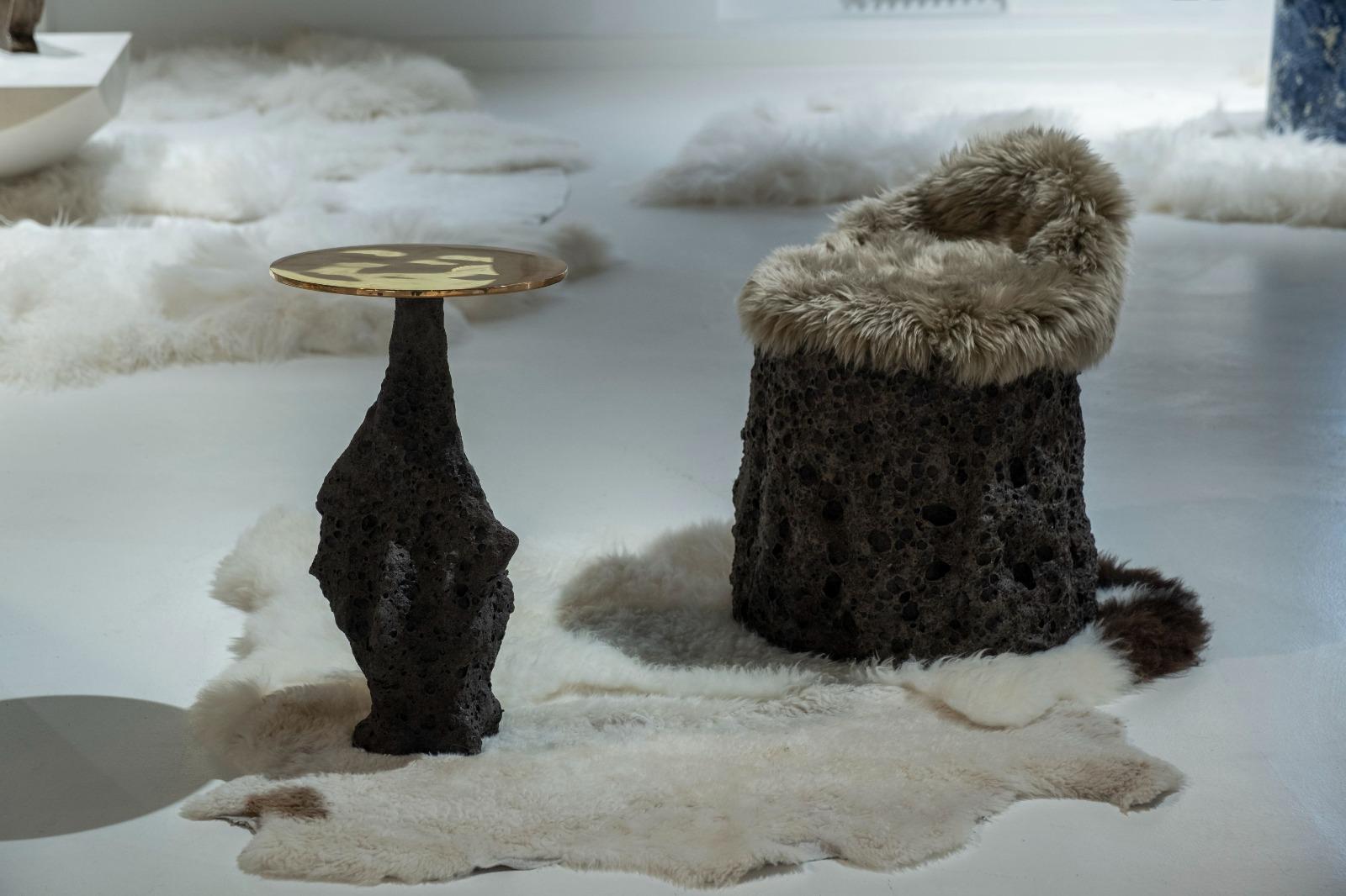 Contemporary Geoprimitive 021 Ceramic Settle with Sheep Wool by Niclas Wolf