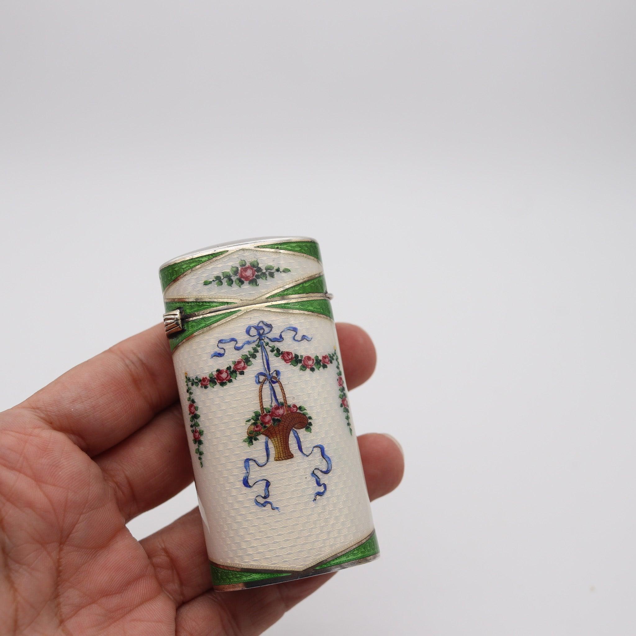 GEORG ADAM SCHEID 1900 Enameled Guilloche Etui Necessaire box In .800 Silver For Sale 6