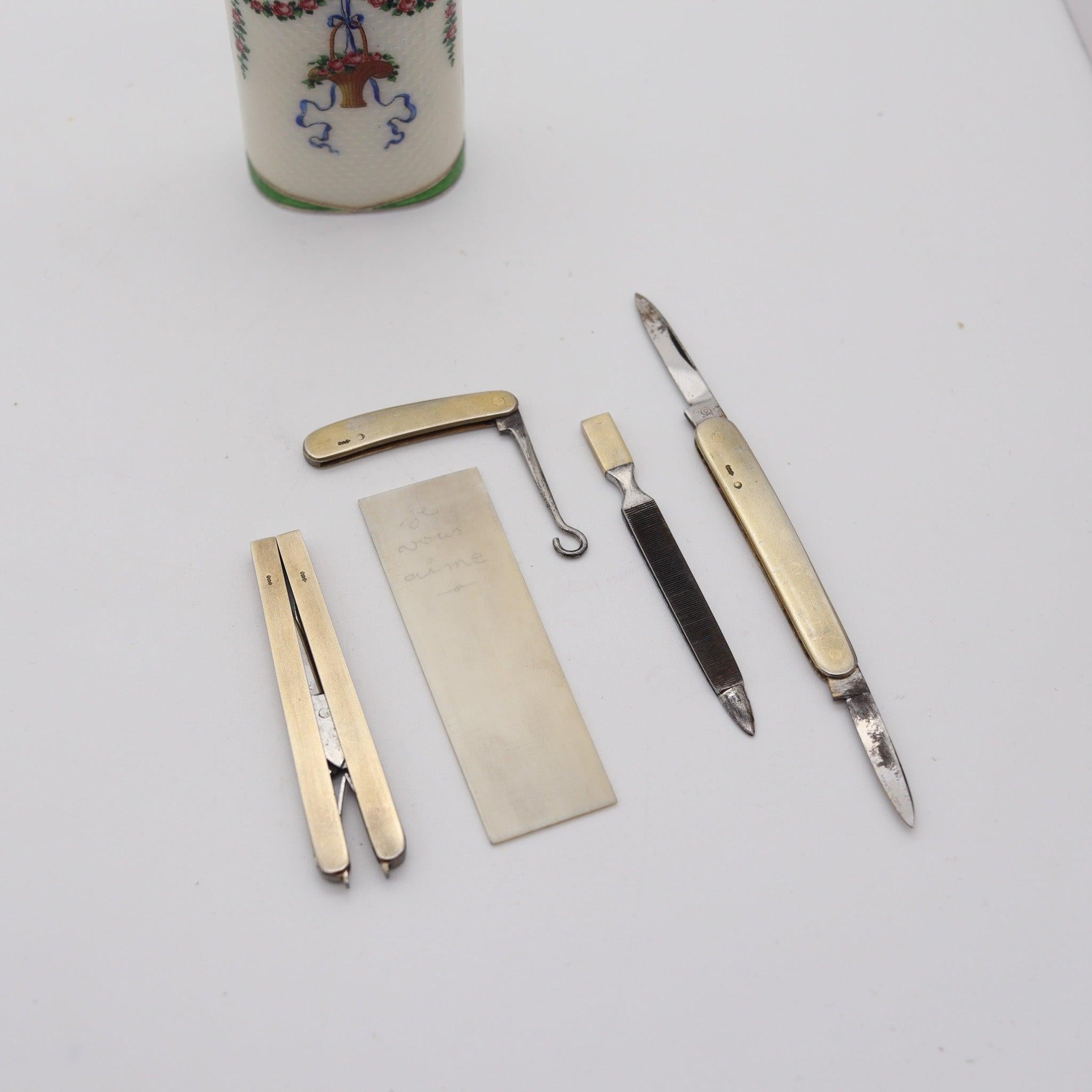 Enameled etui necessaire designed by Georg Adam Scheid (1837-1921).

This is an extraordinary etui necessaire oval box created in Vienna Austria at the workshops of Georg Adam Scheid, back in 1900. The travel necessaire is very rare, elegant and was