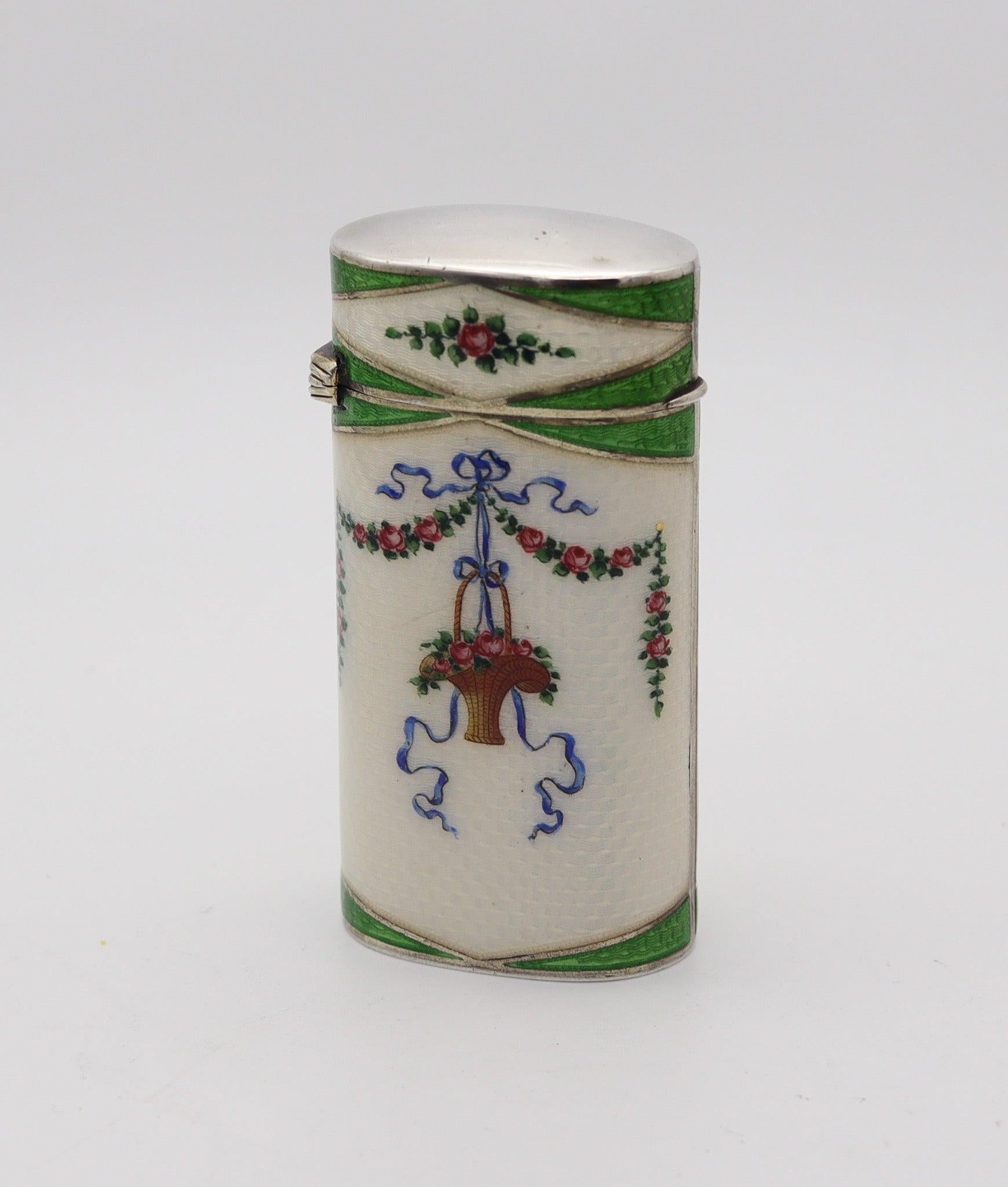 Edwardian GEORG ADAM SCHEID 1900 Enameled Guilloche Etui Necessaire box In .800 Silver For Sale