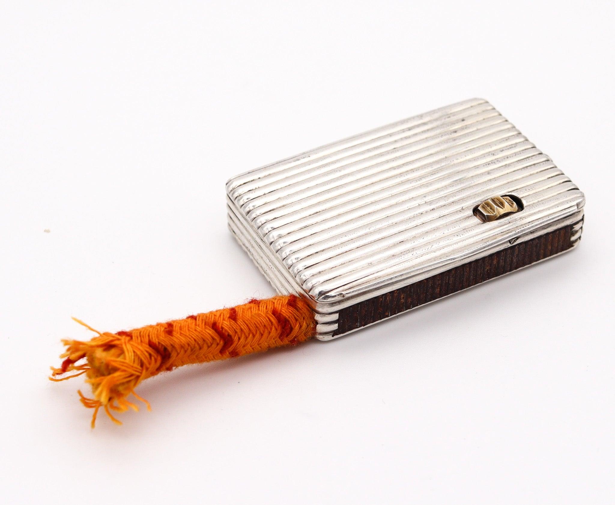 A mechanical vesta case designed by Georg Adam Scheid.

This is a fabulous mechanical vesta case, created in Vienna Austria at the workshop of the silversmith Georg Adam Scheid, back in the 1905. The vesta box is made up of an unusual size in the