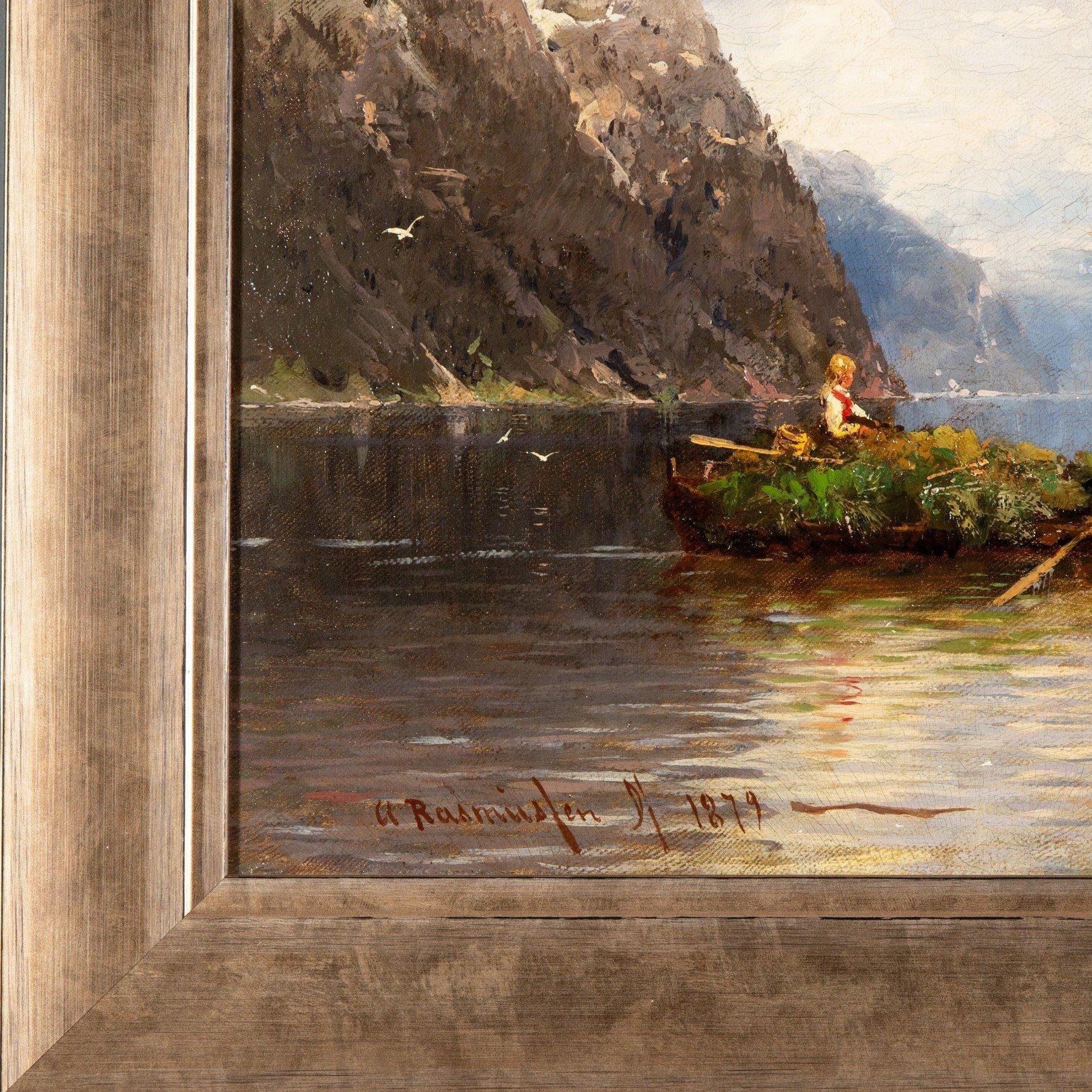 Summer in the fjords, Oil on canvas by Georg Anton Rasmussen, 1842 - 1912 For Sale 9