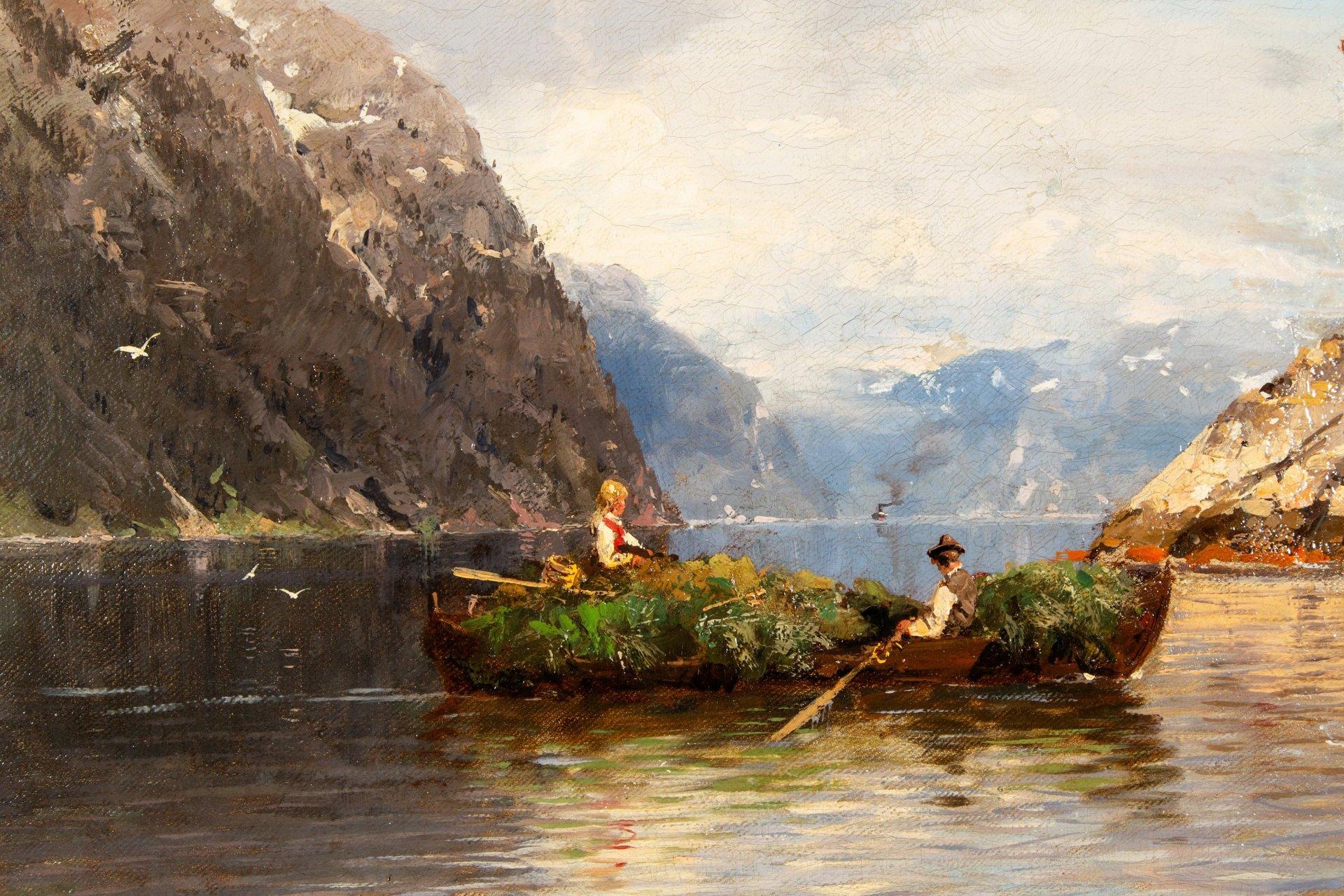 Verano en los fiordos, Óleo sobre lienzo de Georg Anton Rasmussen, 1842 - 1912 en venta 11