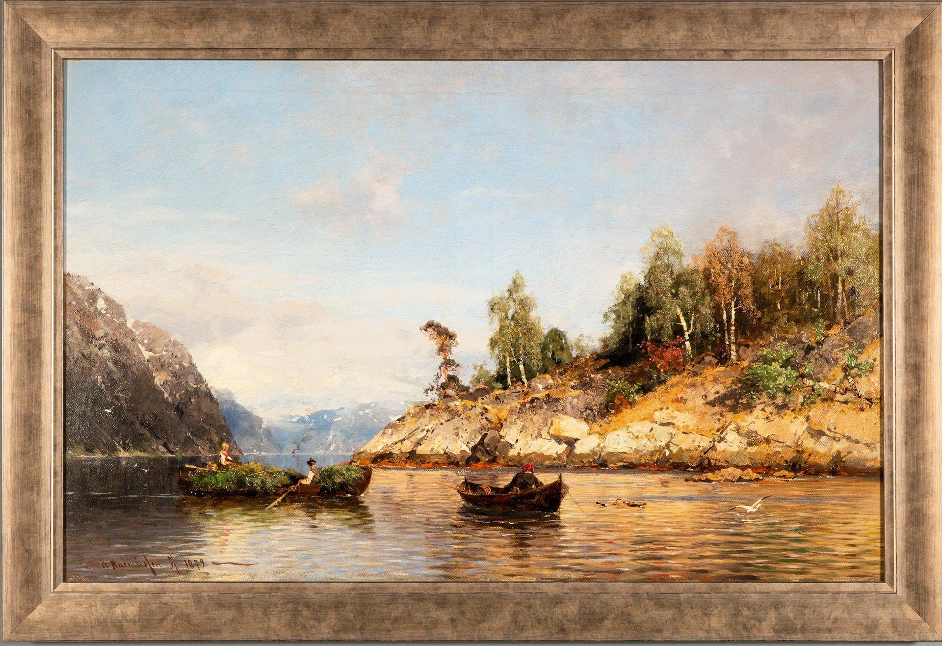 Summer in the fjords, Oil on canvas by Georg Anton Rasmussen, 1842 - 1912 For Sale 1