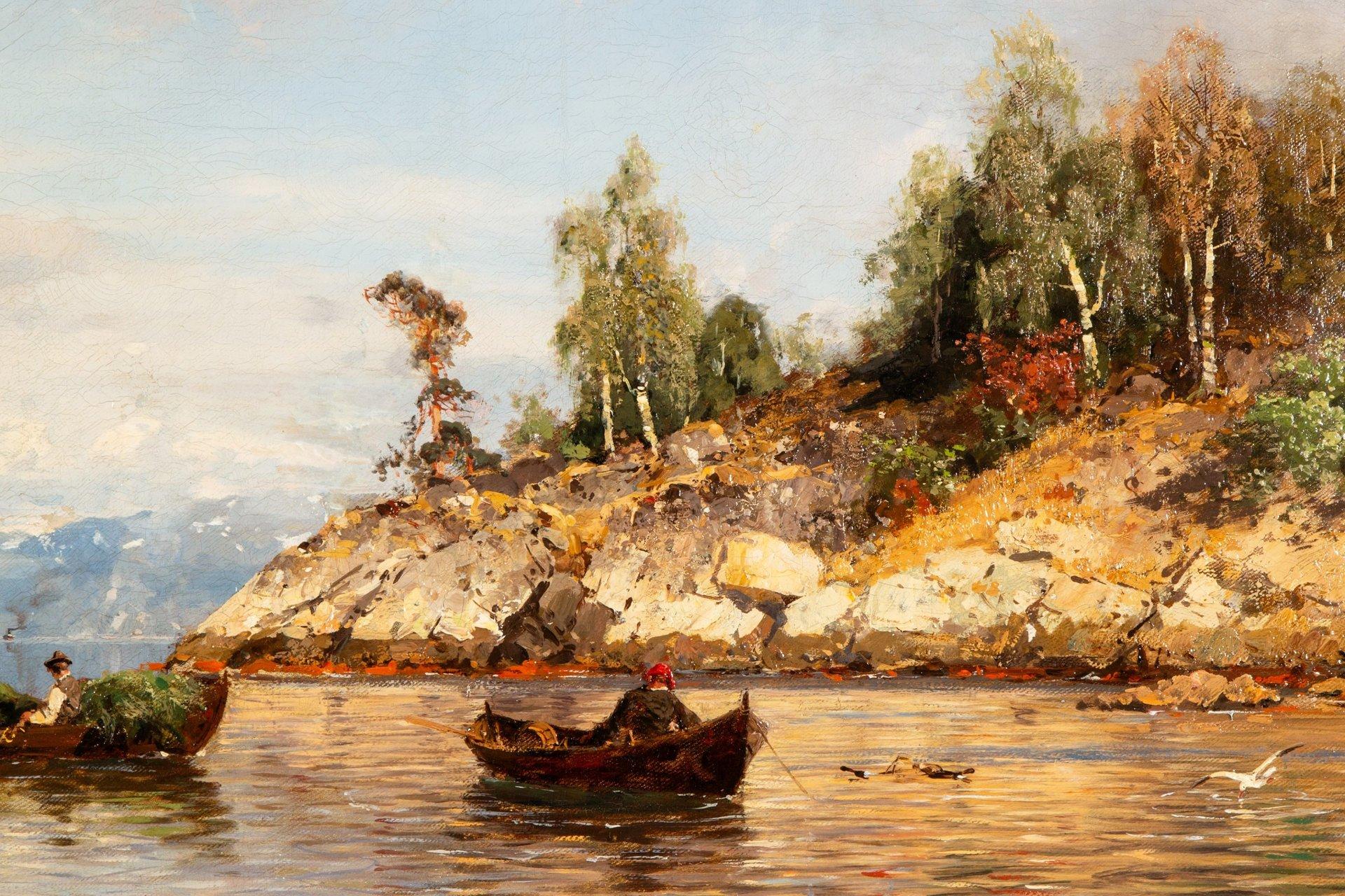 Summer in the fjords, Oil on canvas by Georg Anton Rasmussen, 1842 - 1912 For Sale 6
