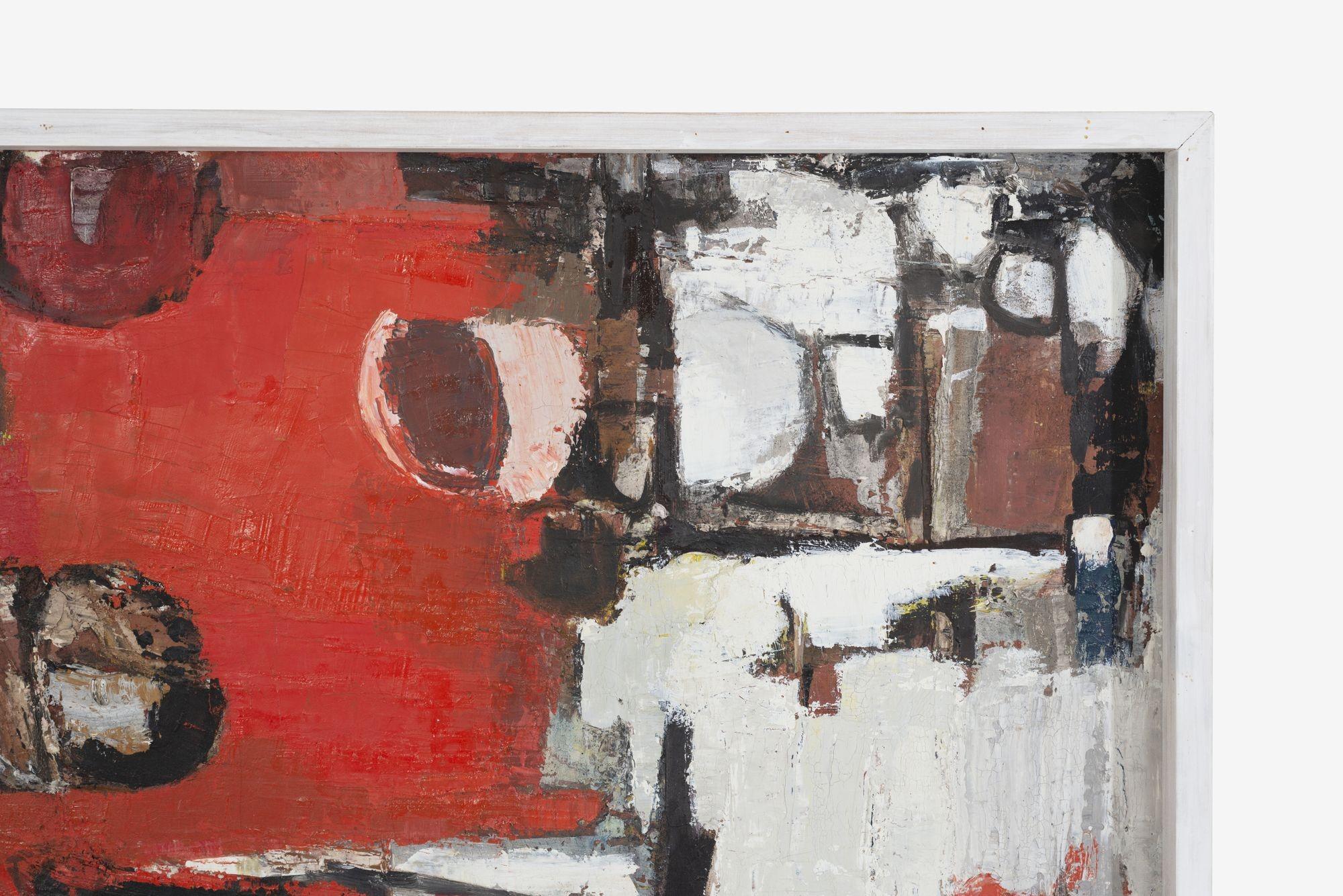 Georg August Stahl - Komposition (1962-63)
Ein markantes abstraktes Gemälde von Georg August Stahl, ausgeführt in Öl auf Masonit. Auf der Vorderseite vom Künstler signiert, auf der Rückseite ein Label mit Angaben zu Titel, Datum und Medium.
Medium:
