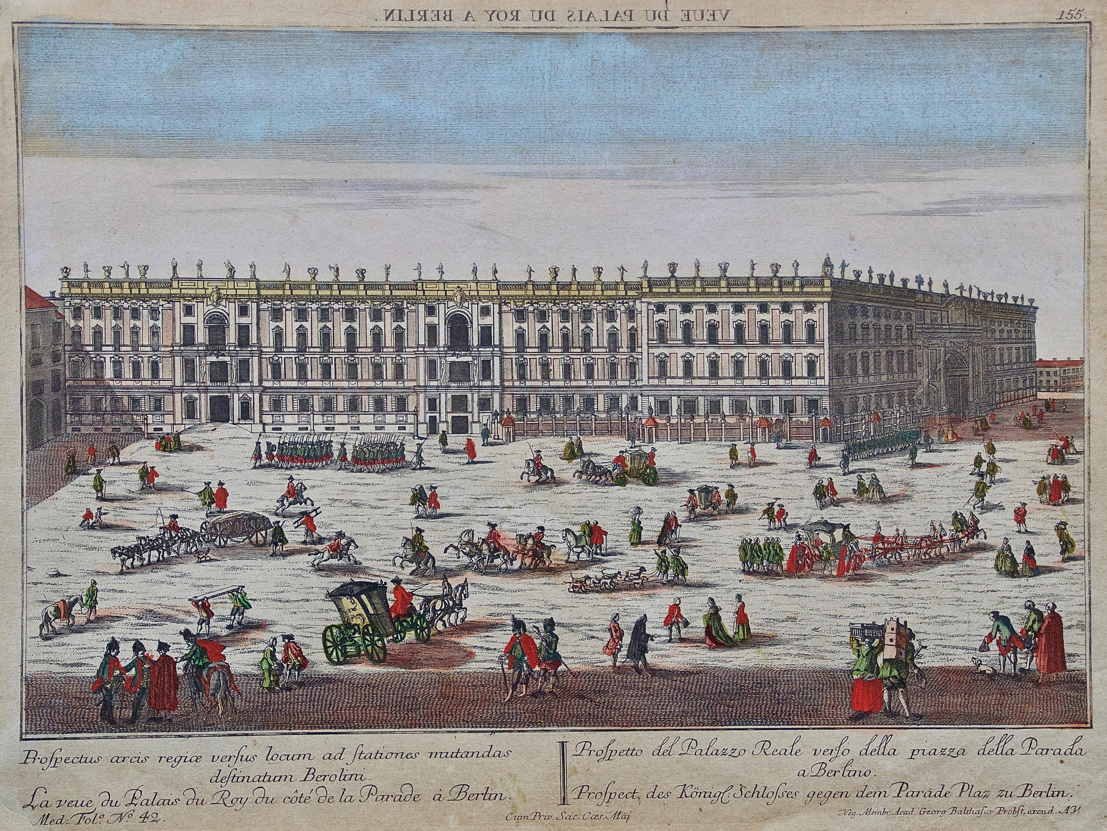 A Hand Colored Probst Vue d’optique Engraving of the Royal Palace in Berlin  - Print by Georg Balthasar Probst