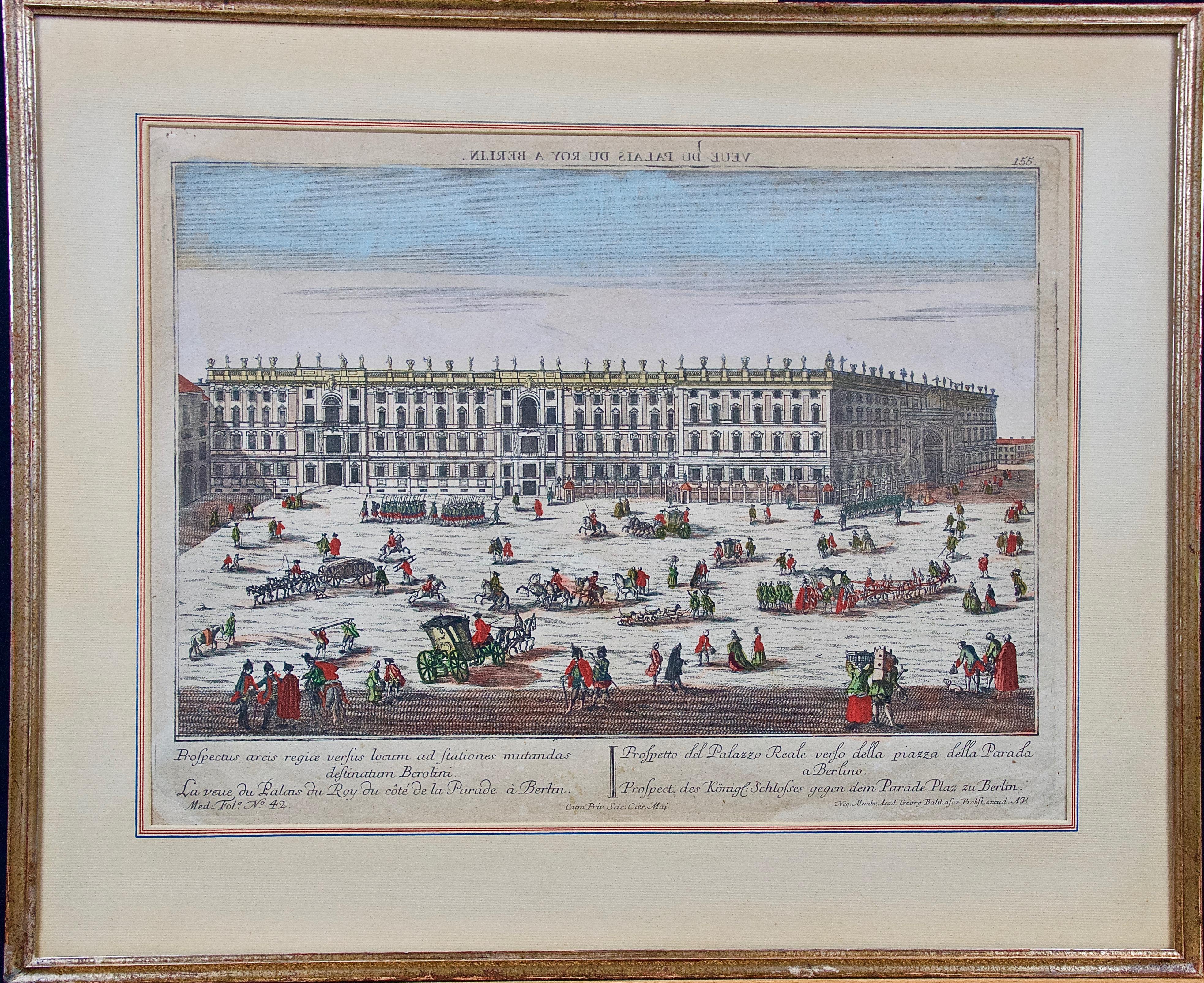 Georg Balthasar Probst Landscape Print - A Hand Colored Probst Vue d’optique Engraving of the Royal Palace in Berlin 