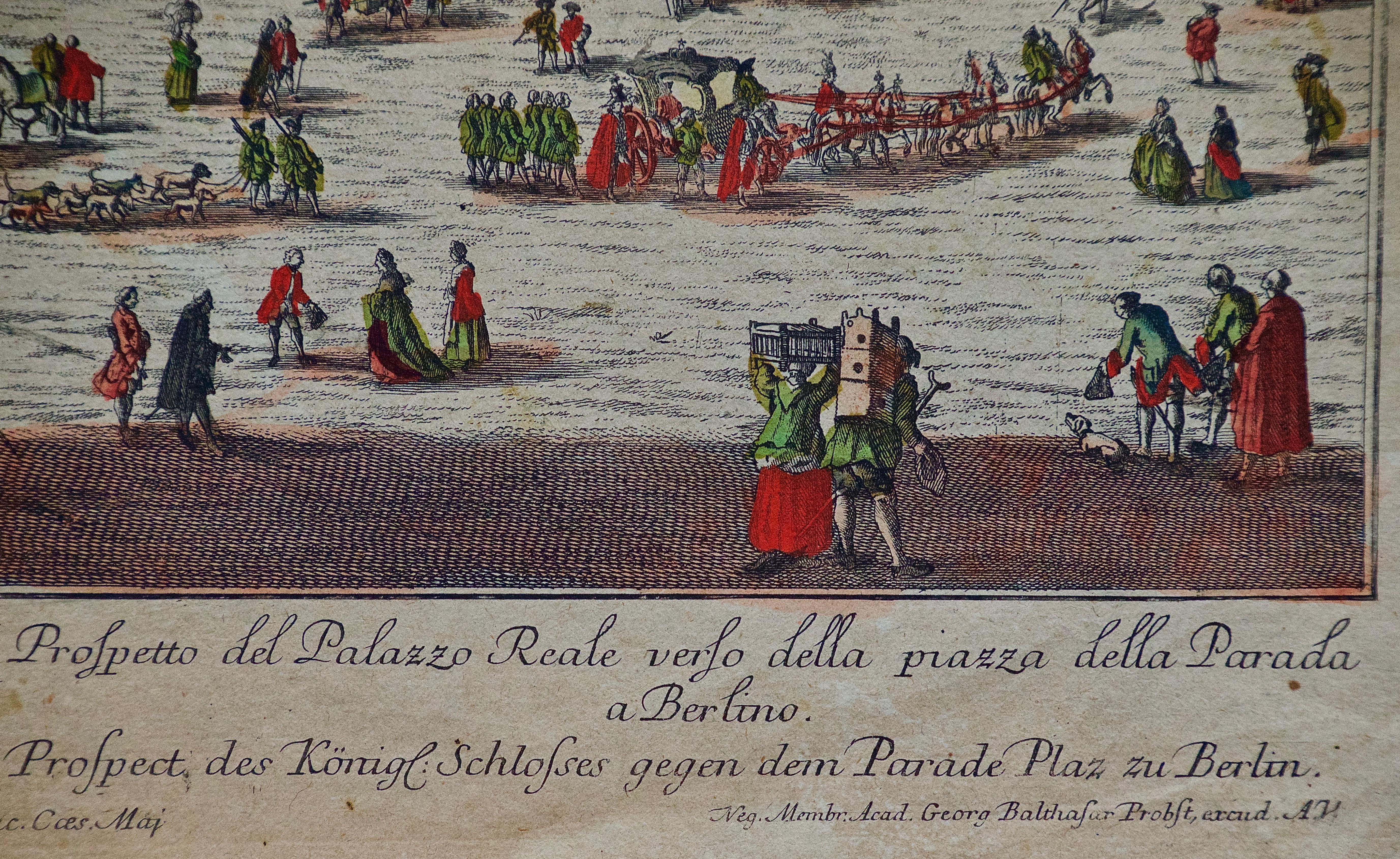 A pair of identically framed 18th century copper-plate hand colored Vue d'optique engravings entitled: 